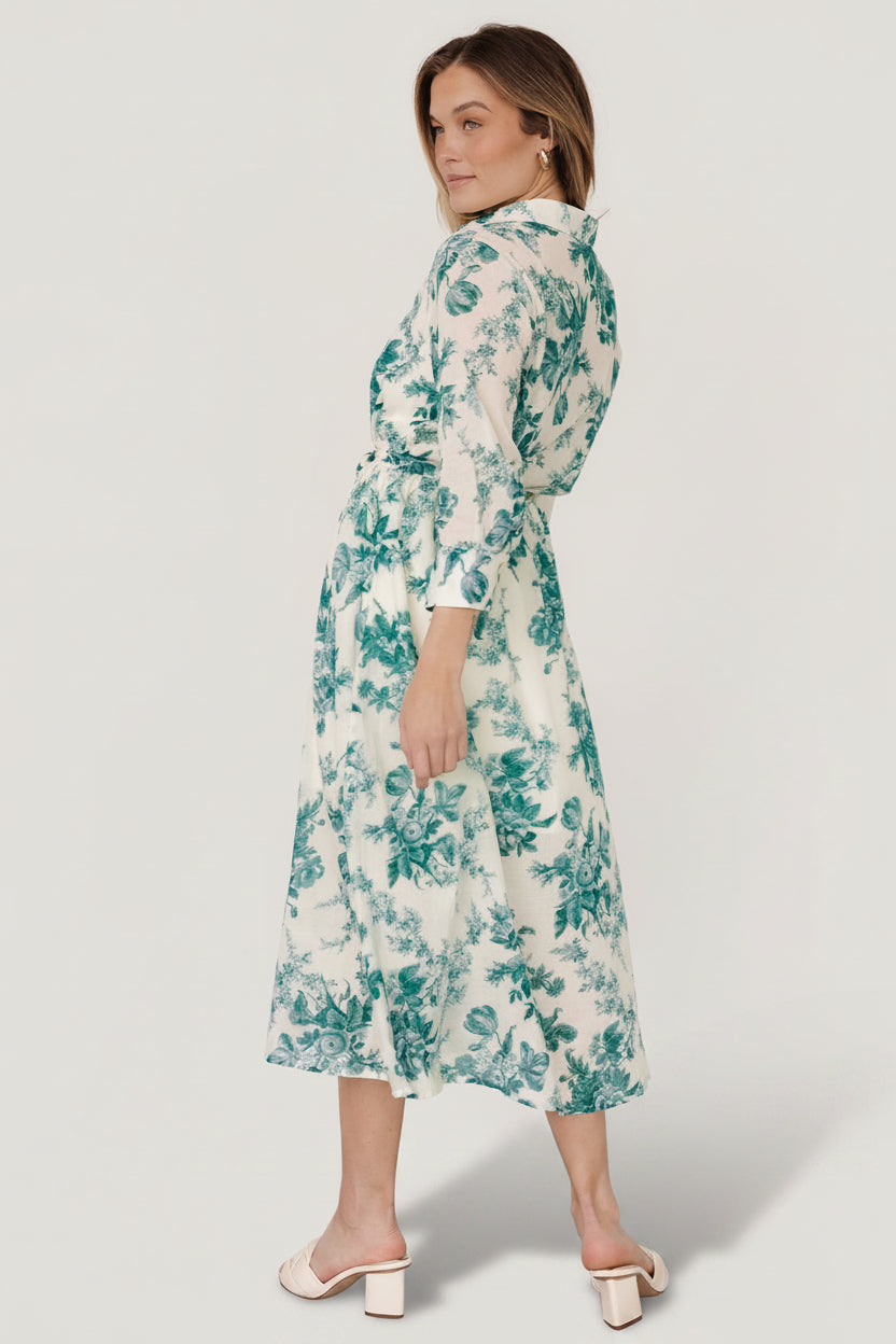 Baltic Born Womens Eunice Button Midi Dress | Cream + Green Floral