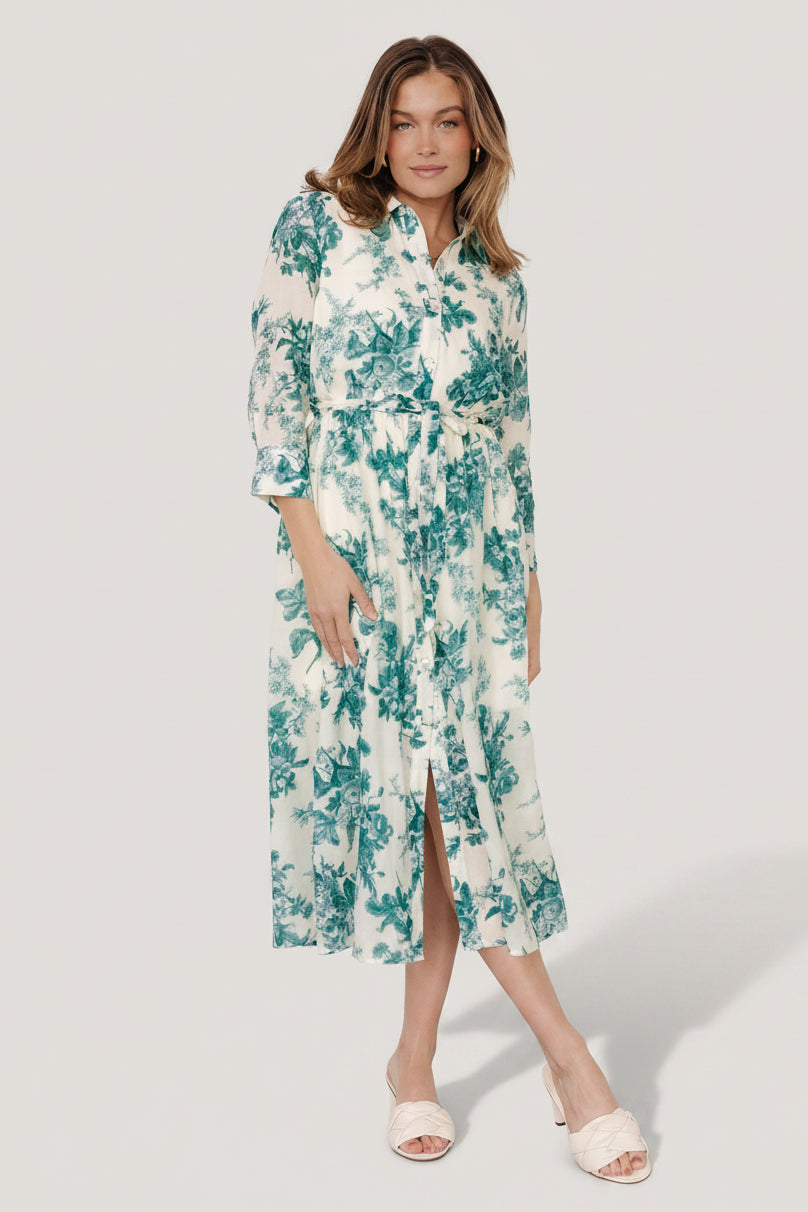 Baltic Born Womens Eunice Button Midi Dress | Cream + Green Floral
