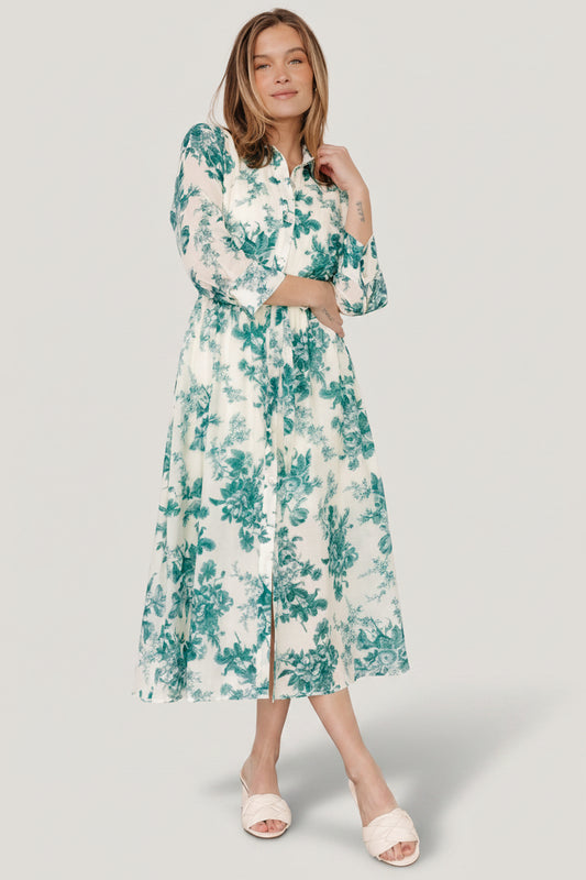 Baltic Born Womens Eunice Button Midi Dress | Cream + Green Floral | Size: Medium