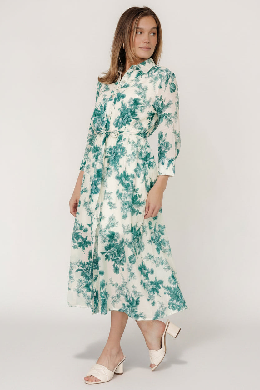 Baltic Born Womens Eunice Button Midi Dress | Cream + Green Floral | Size: Medium Baltic Born Womens Eunice Button Midi Dress | Cream + Green Floral | Size: Medium