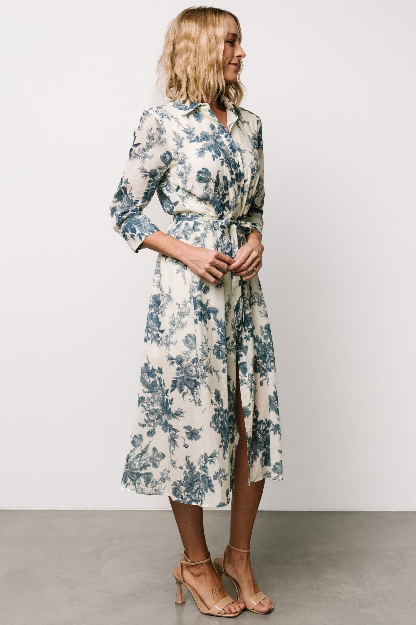 Eunice Button Midi Dress | Ivory + Blue Floral - Baltic Born