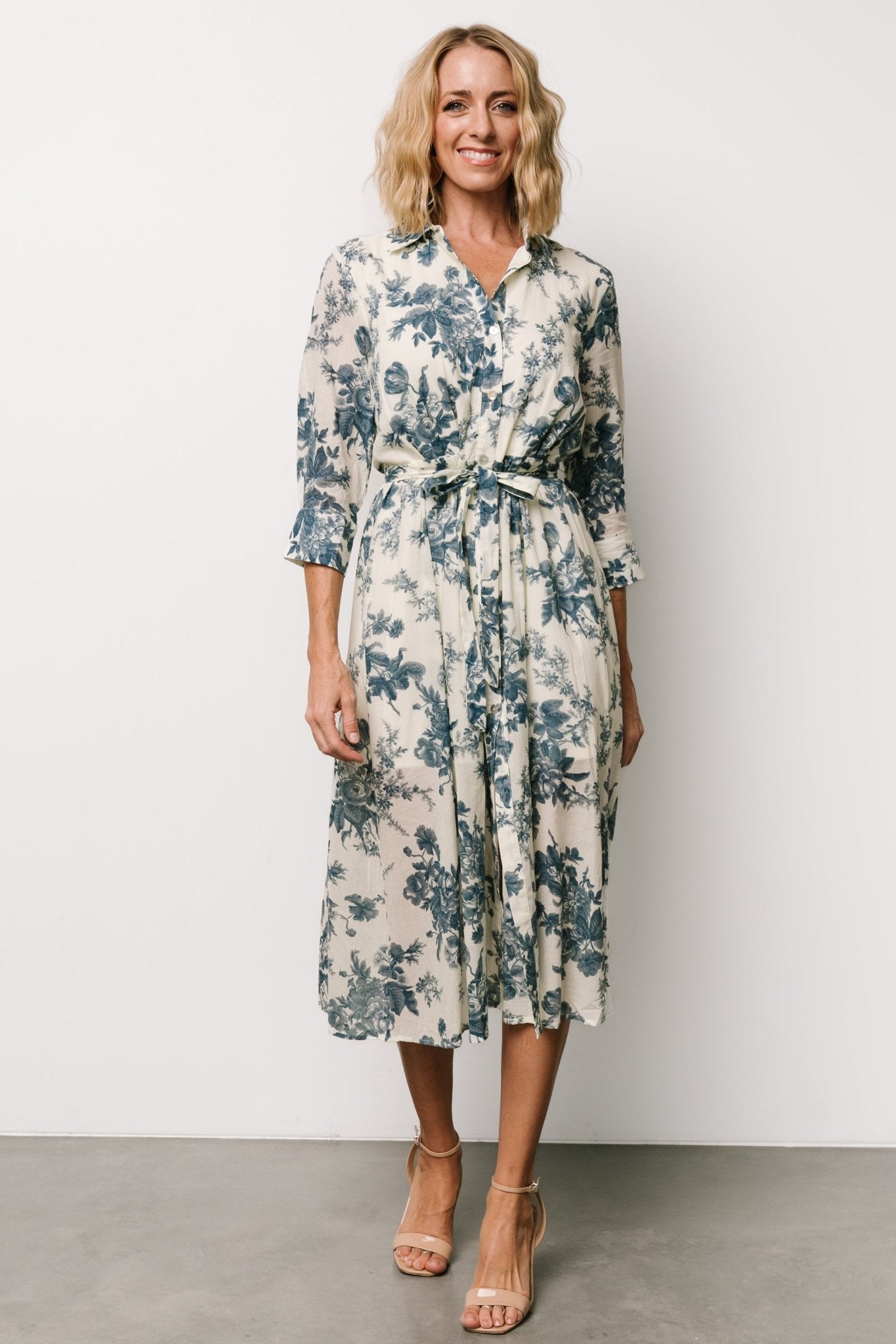 Eunice Button Midi Dress | Ivory + Blue Floral - Baltic Born