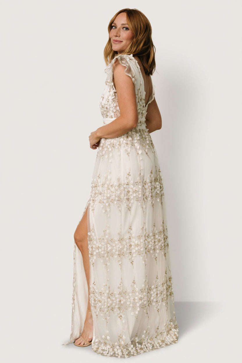 Baltic Born Womens Eva Embroidered Maxi Dress | White + Gold