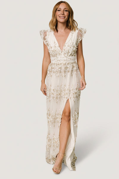 Baltic Born Womens Eva Embroidered Maxi Dress | White + Gold