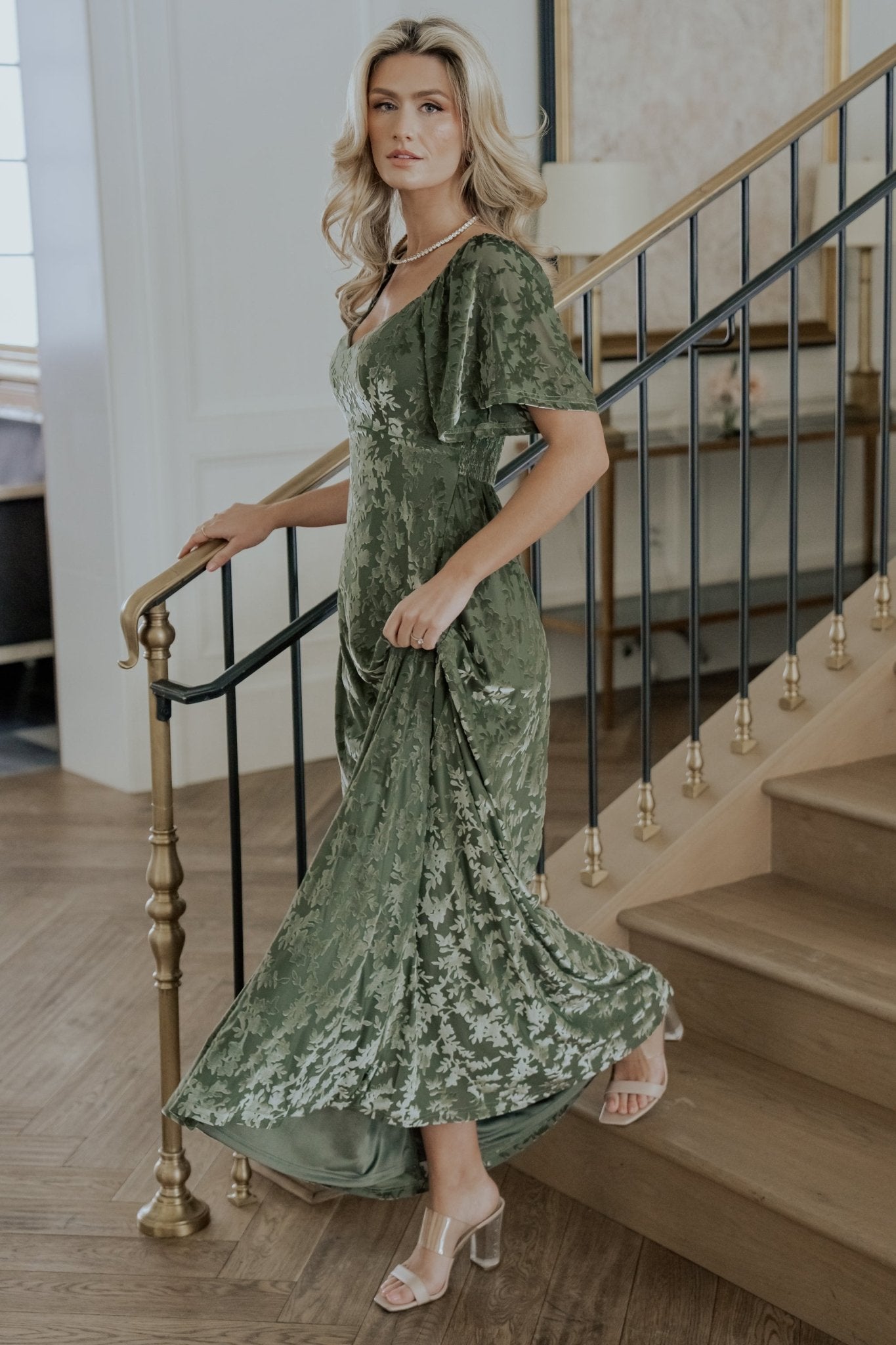 knee length dresses for ladies Baltic Born Womens Everley Velvet Maxi Dress | Dark Sage