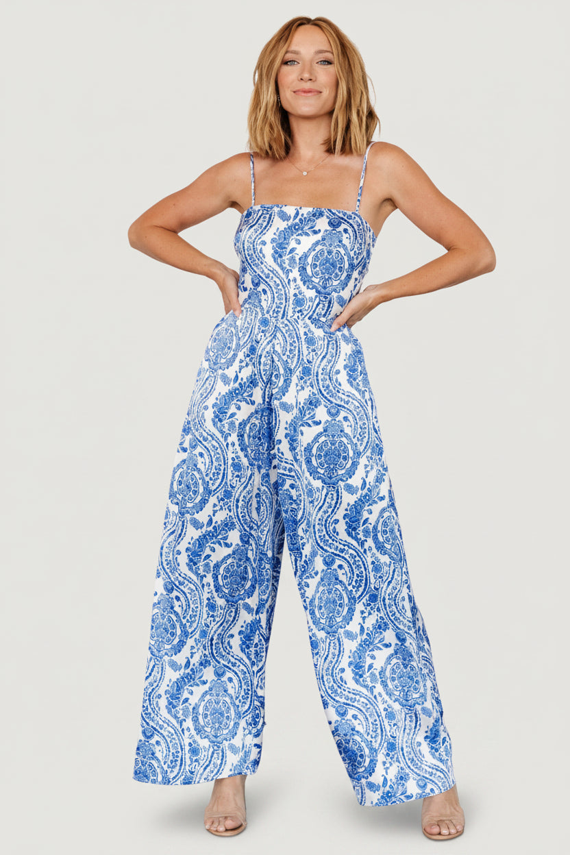 Evia Jumpsuit | Blue + White Print