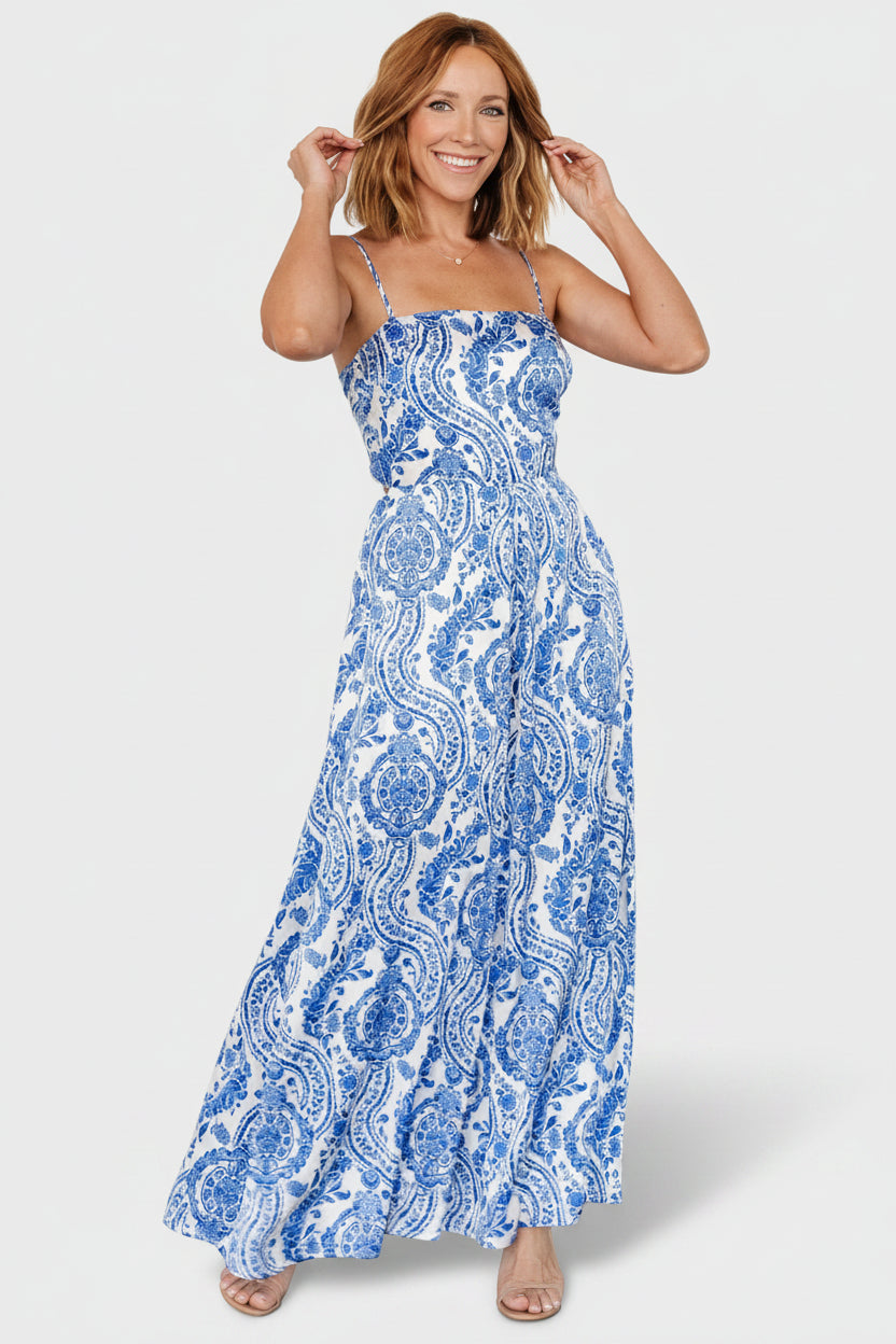 Evia Jumpsuit | Blue + White Print