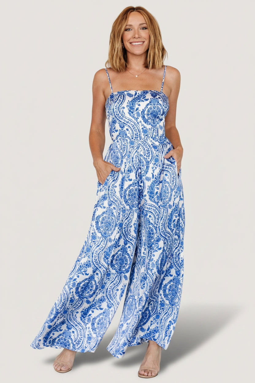Evia Jumpsuit | Blue + White Print