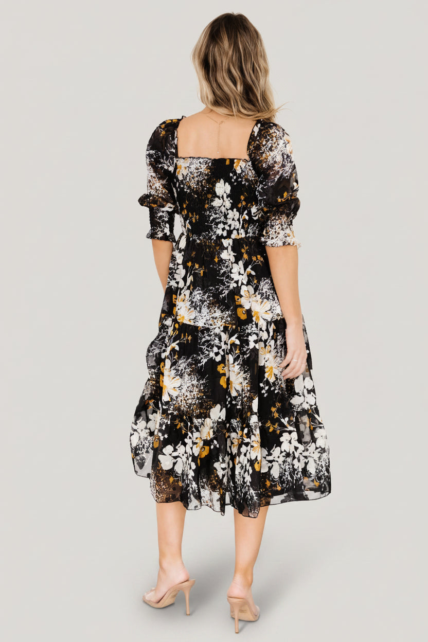 Fabian Jacquard Midi Dress | Black Floral