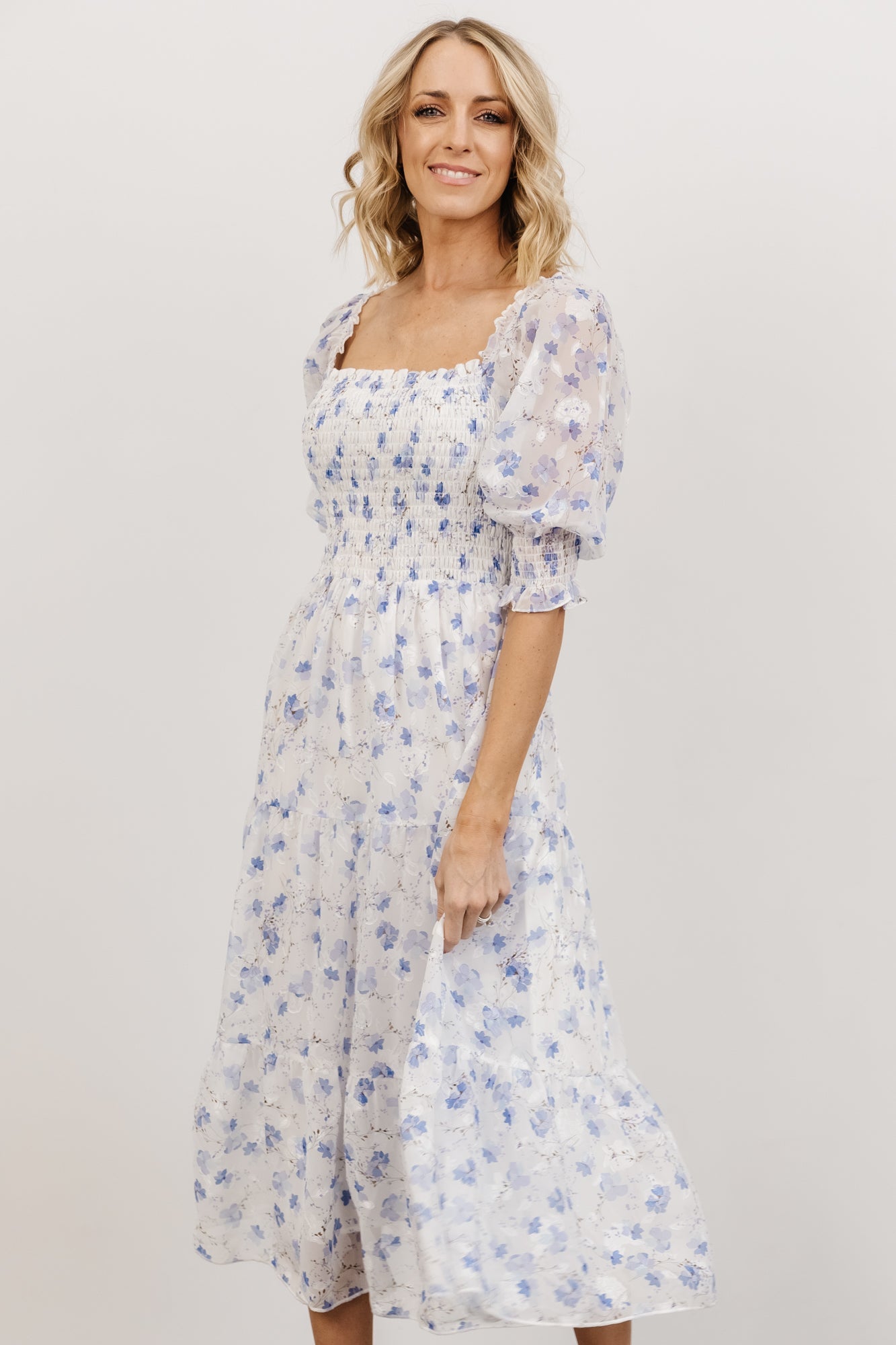 Baltic Born Womens Fabian Jacquard Midi Dress | Blue Floral