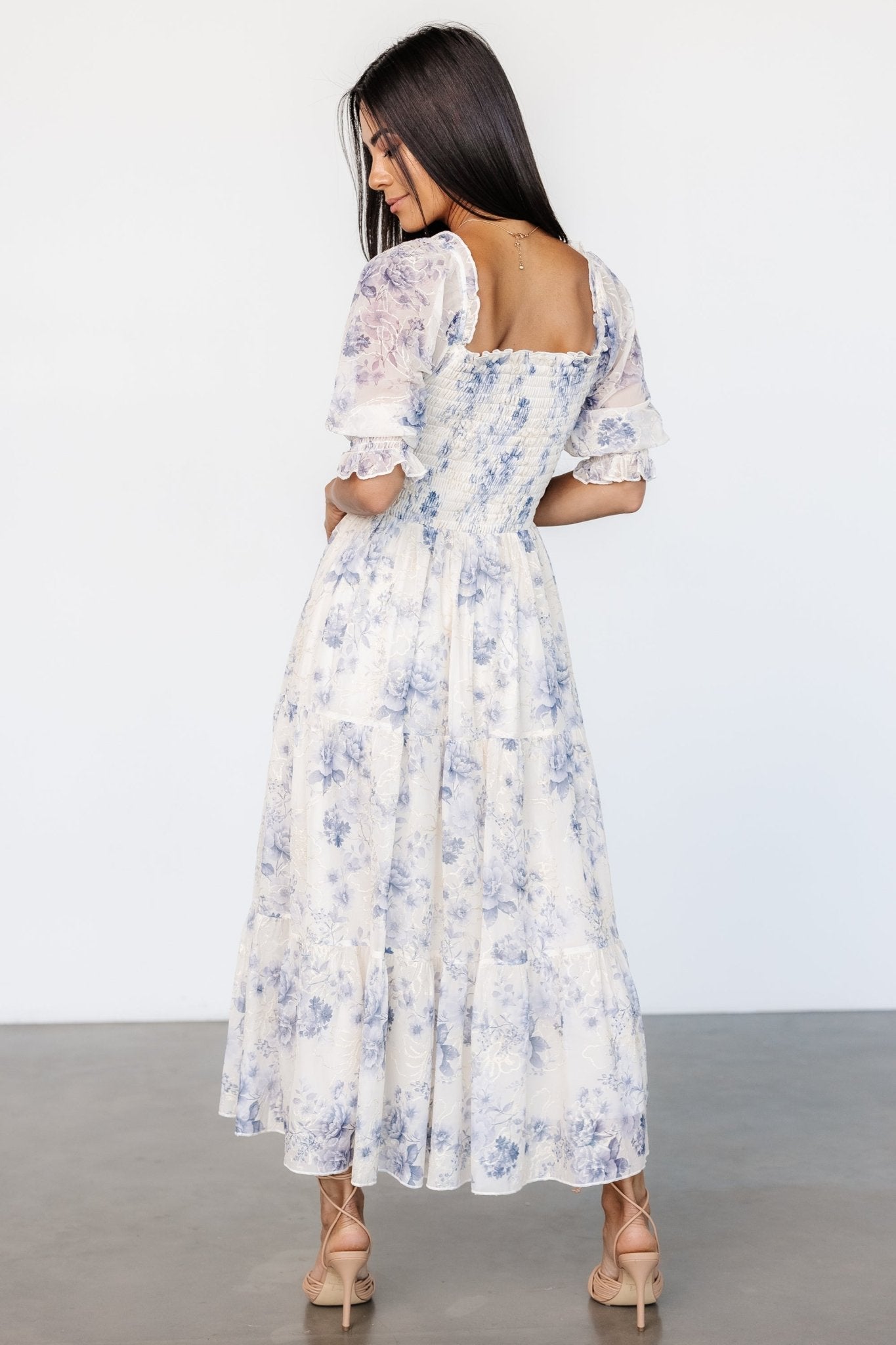 Fabian Jacquard Midi Dress | Cream + Blue Floral - Baltic Born