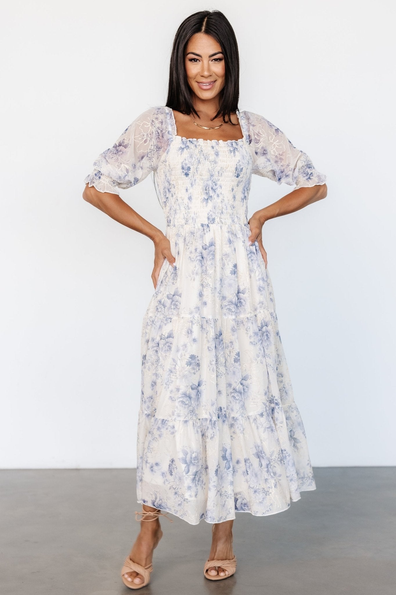 Fabian Jacquard Midi Dress | Cream + Blue Floral - Baltic Born