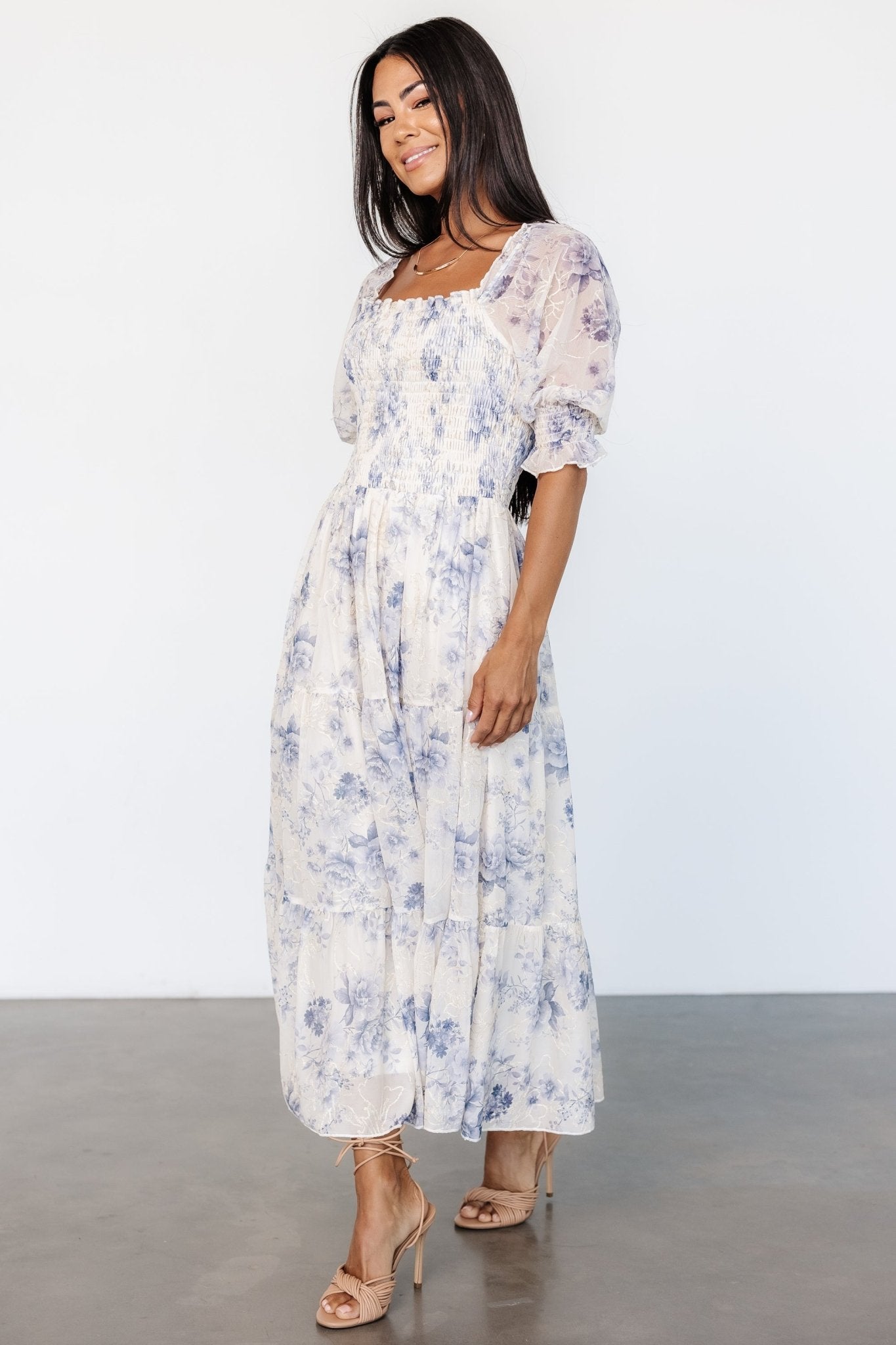 Fabian Jacquard Midi Dress | Cream + Blue Floral - Baltic Born