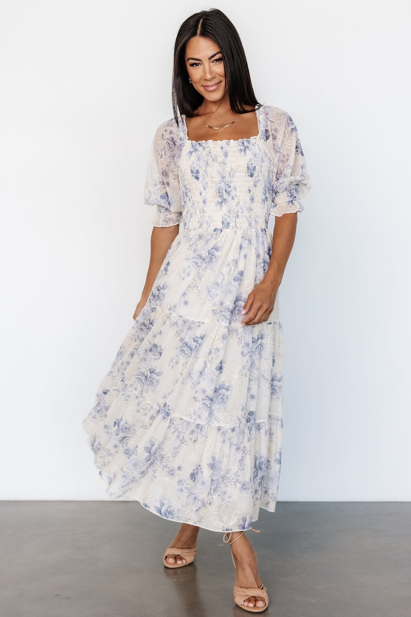 Fabian Jacquard Midi Dress | Cream + Blue Floral - Baltic Born