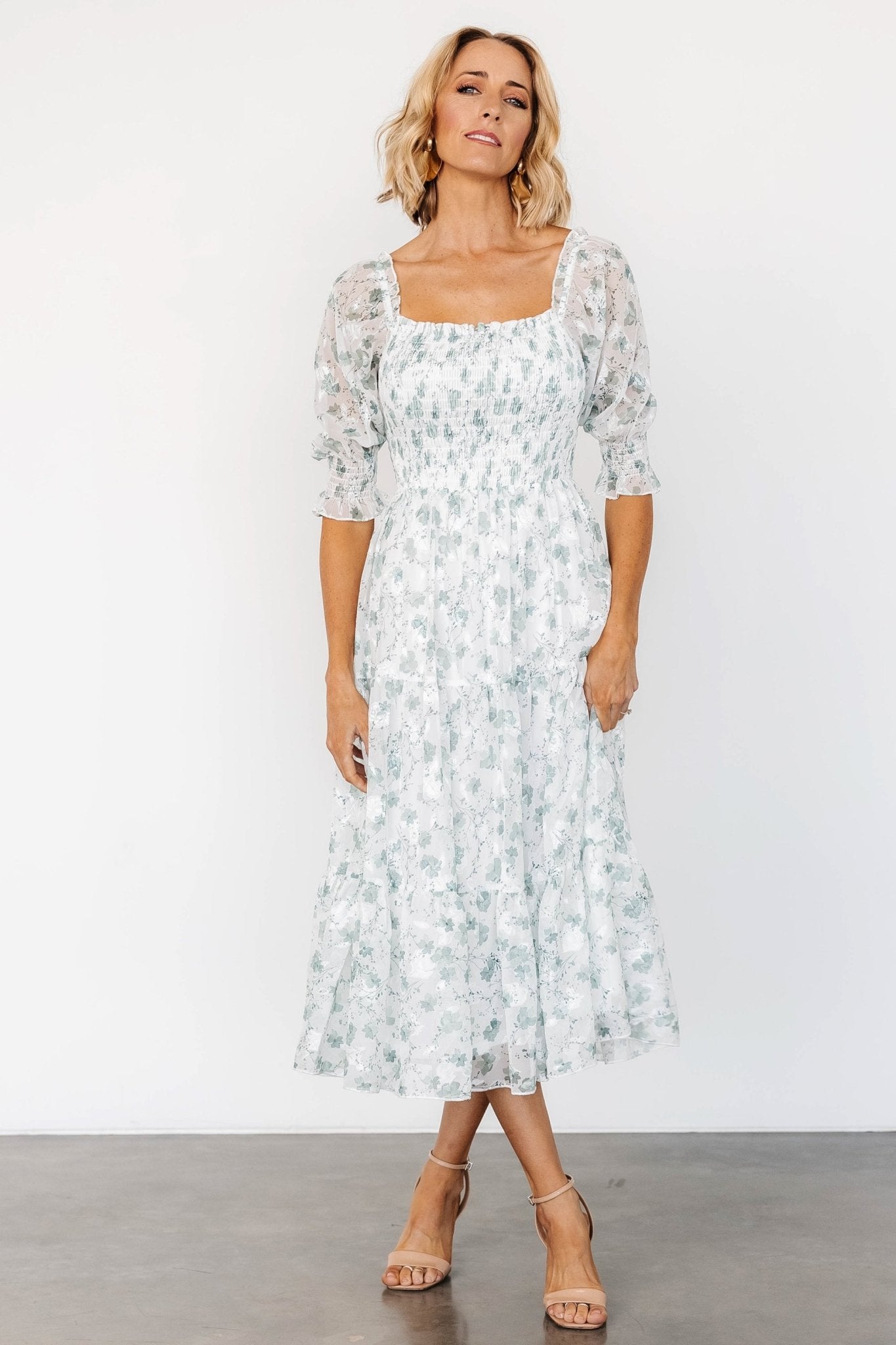 Fabian Jacquard Midi Dress | Off White + Sage Floral - Baltic Born