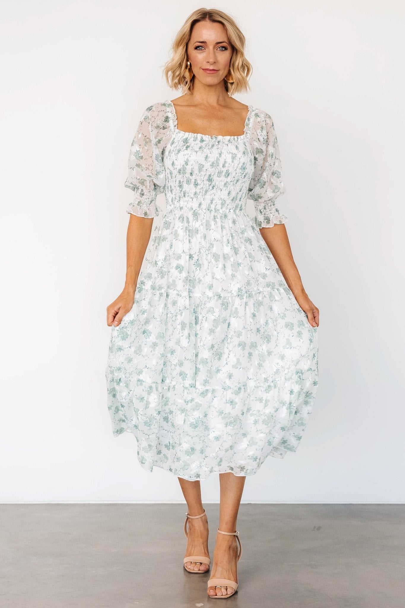 Fabian Jacquard Midi Dress | Off White + Sage Floral - Baltic Born