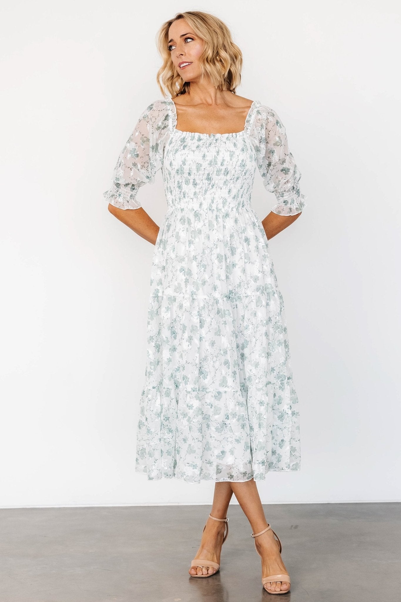 Fabian Jacquard Midi Dress | Off White + Sage Floral - Baltic Born