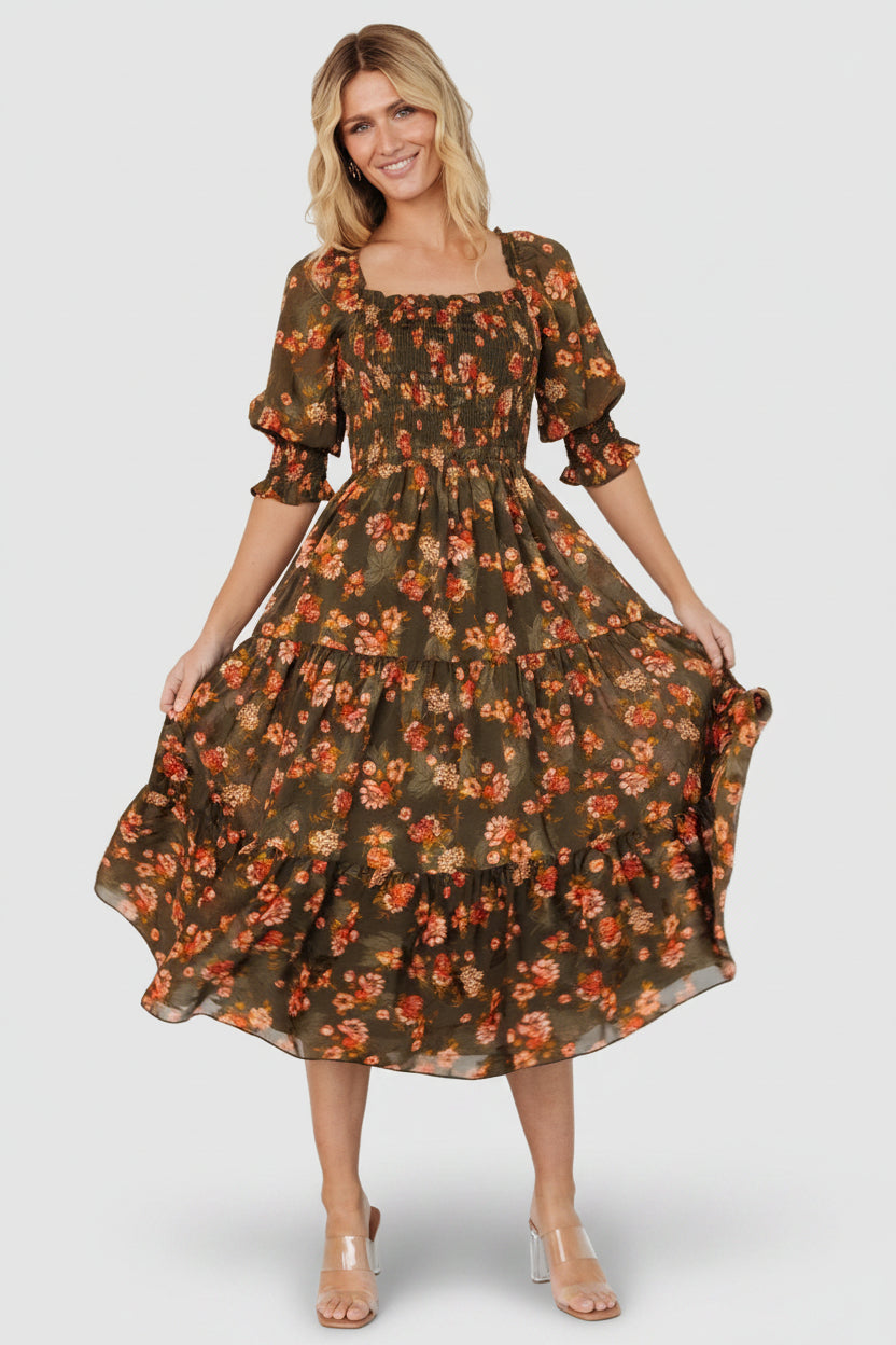 Fabian Jacquard Midi Dress | Olive Floral