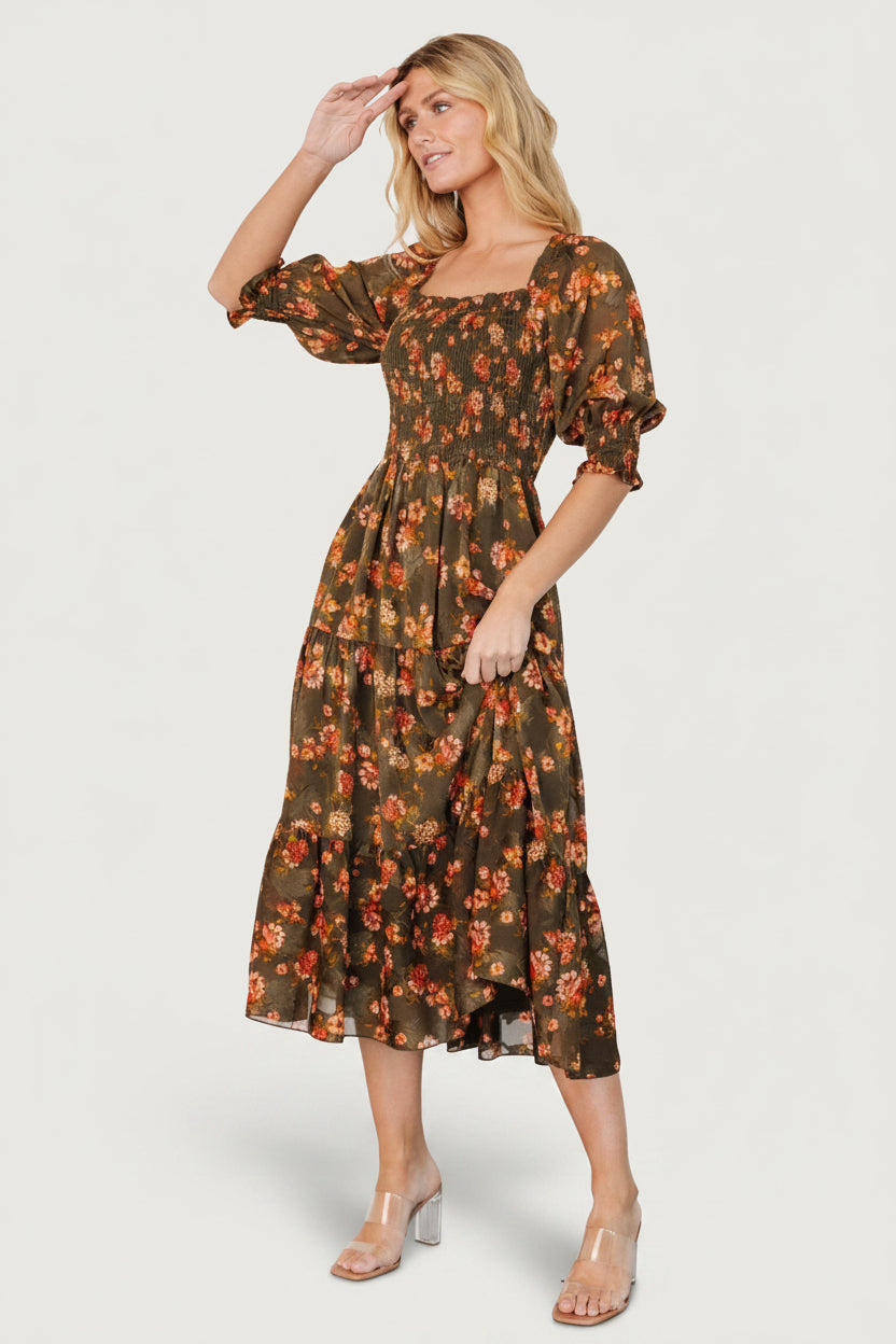Fabian Jacquard Midi Dress | Olive Floral