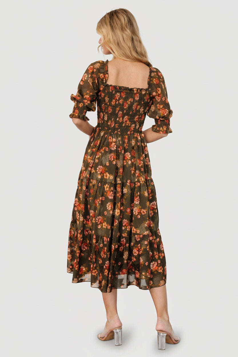 Fabian Jacquard Midi Dress | Olive Floral