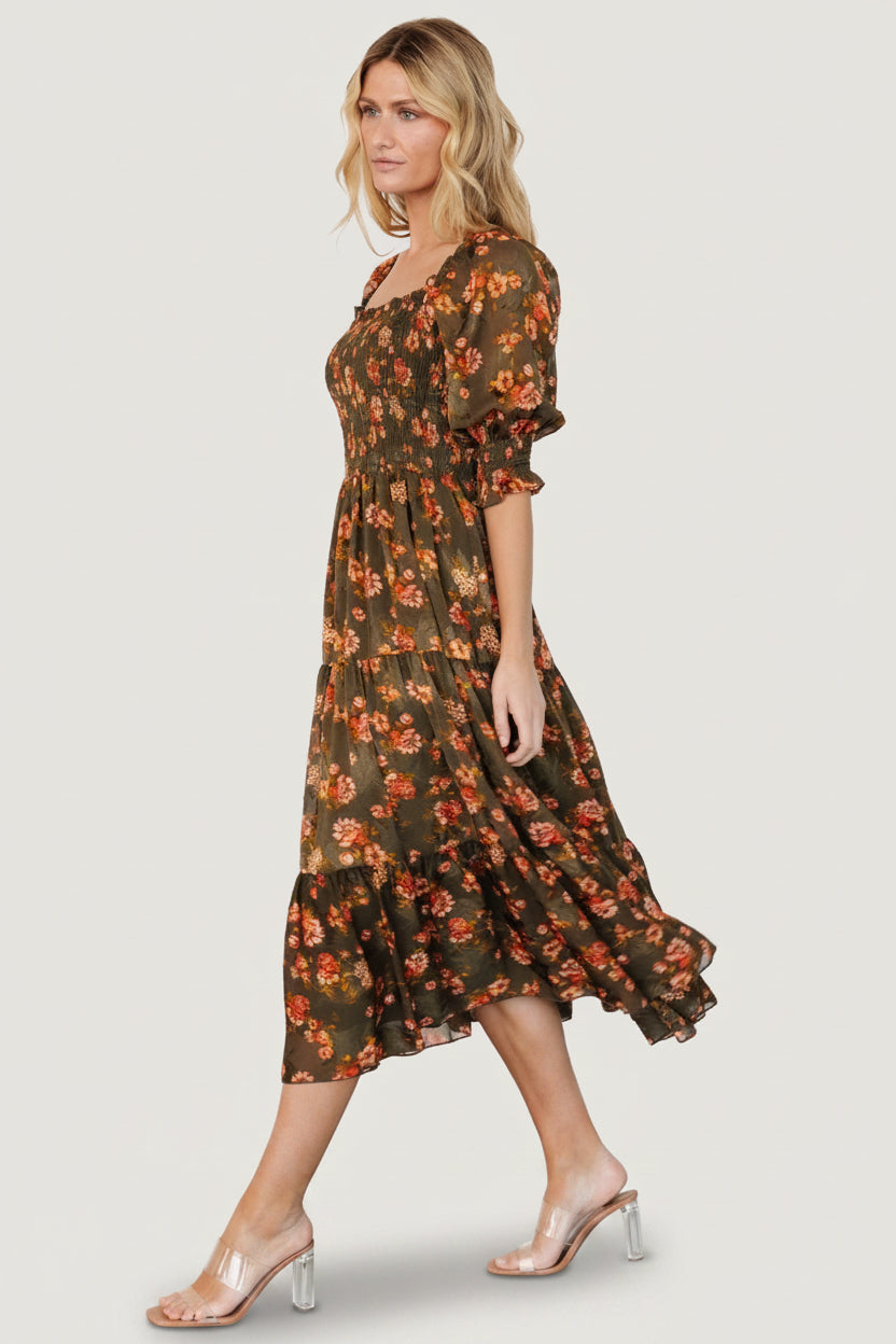 Fabian Jacquard Midi Dress | Olive Floral