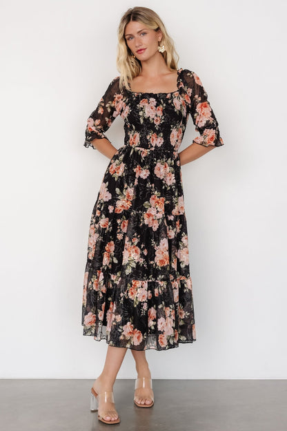 Fabian Jacquard Midi Dress | Peach + Black Floral - Baltic Born