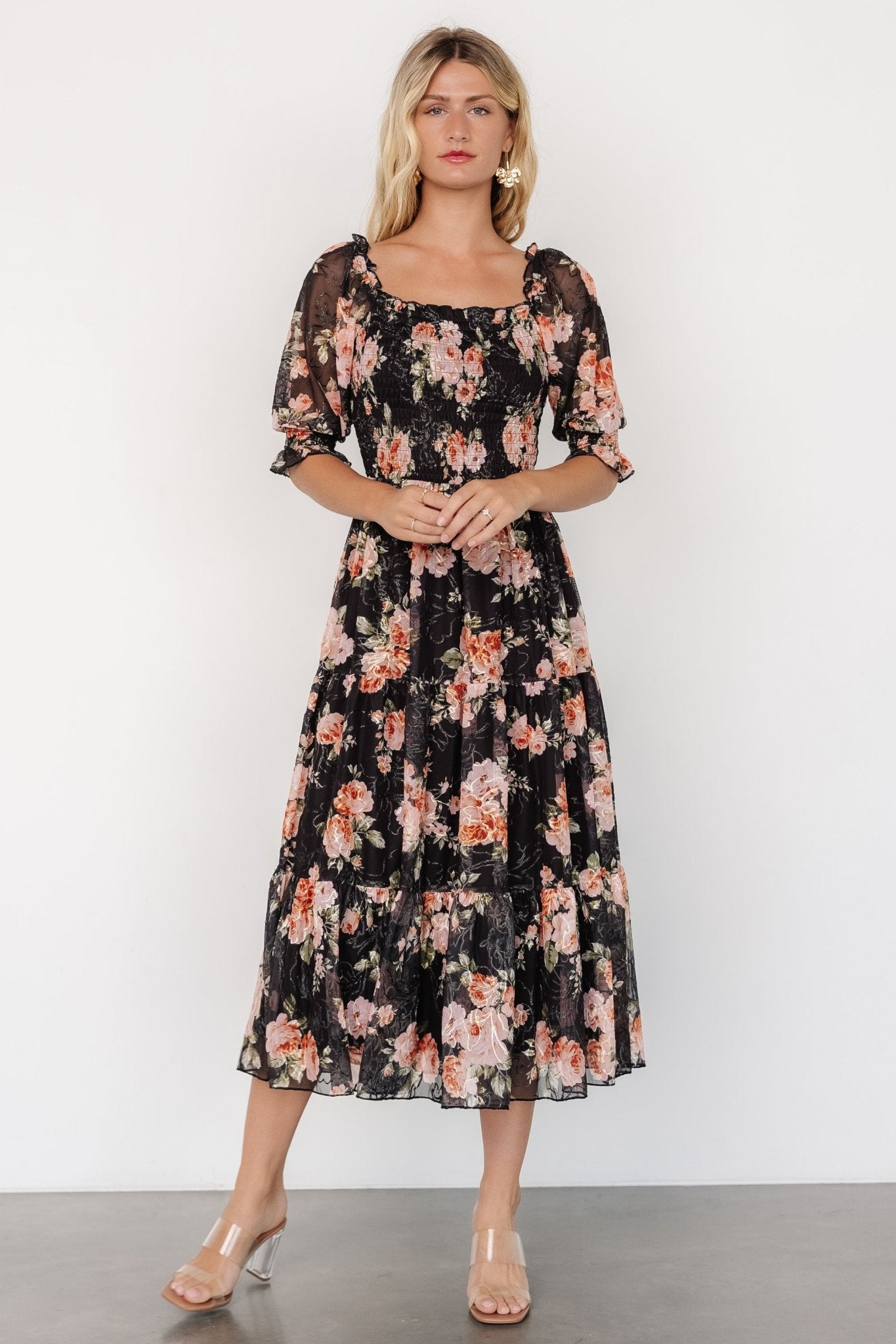 Fabian Jacquard Midi Dress | Peach + Black Floral - Baltic Born