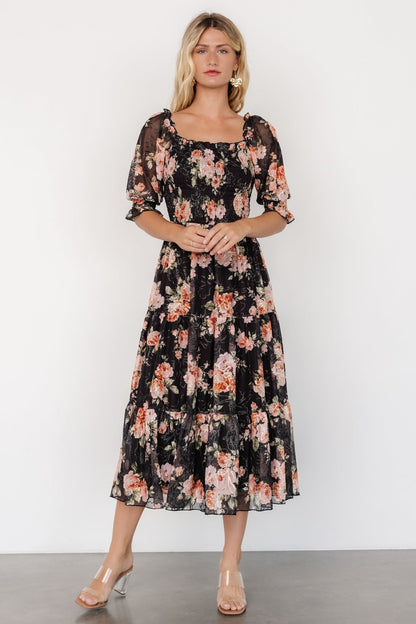 Fabian Jacquard Midi Dress | Peach + Black Floral - Baltic Born