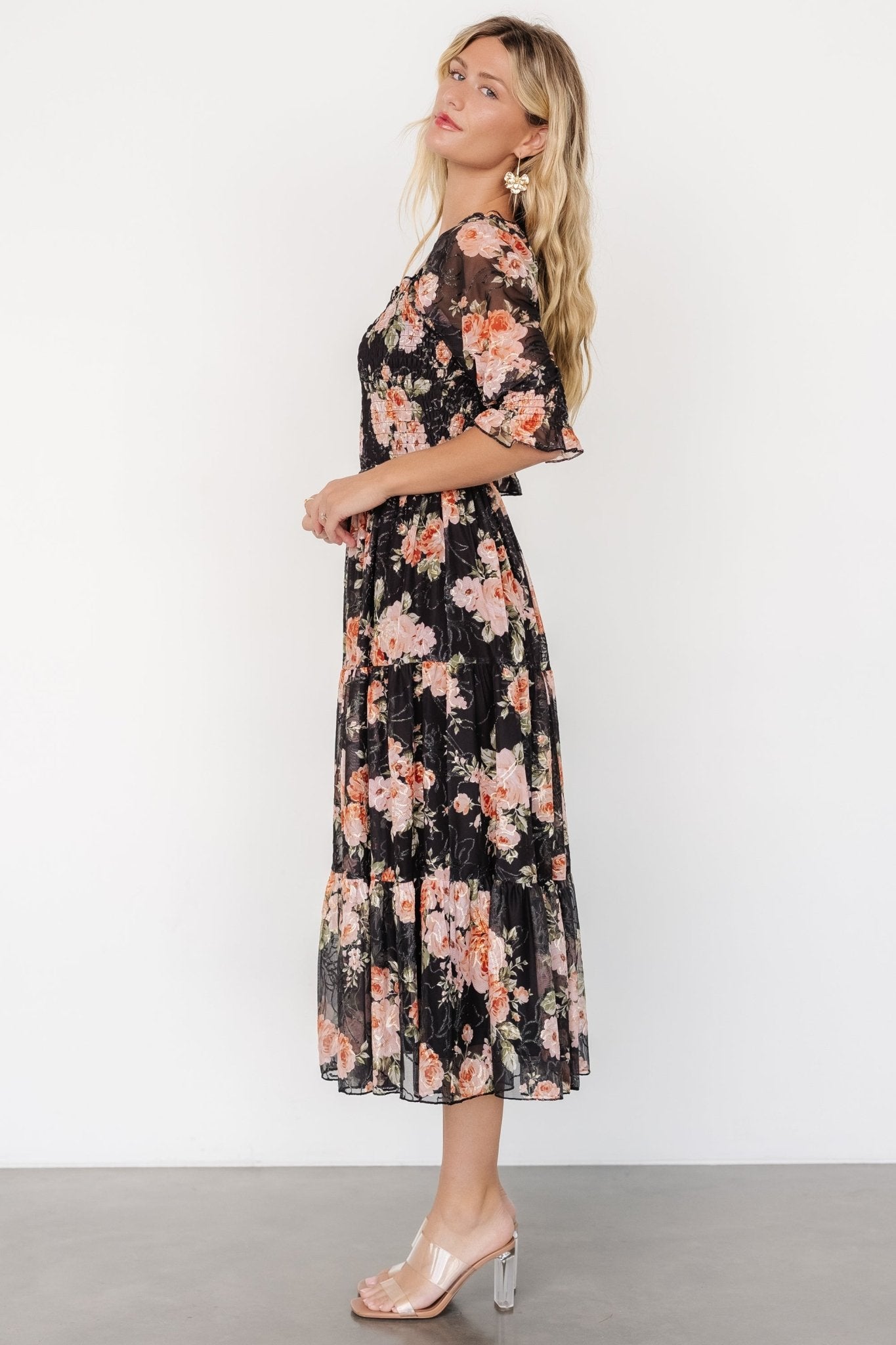 Fabian Jacquard Midi Dress | Peach + Black Floral - Baltic Born