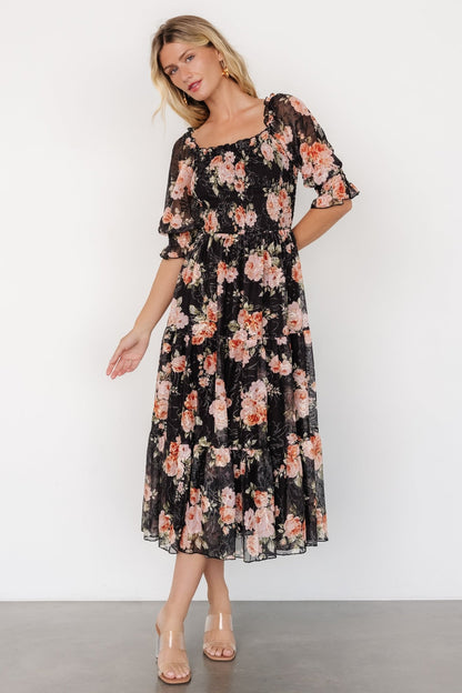 Fabian Jacquard Midi Dress | Peach + Black Floral - Baltic Born