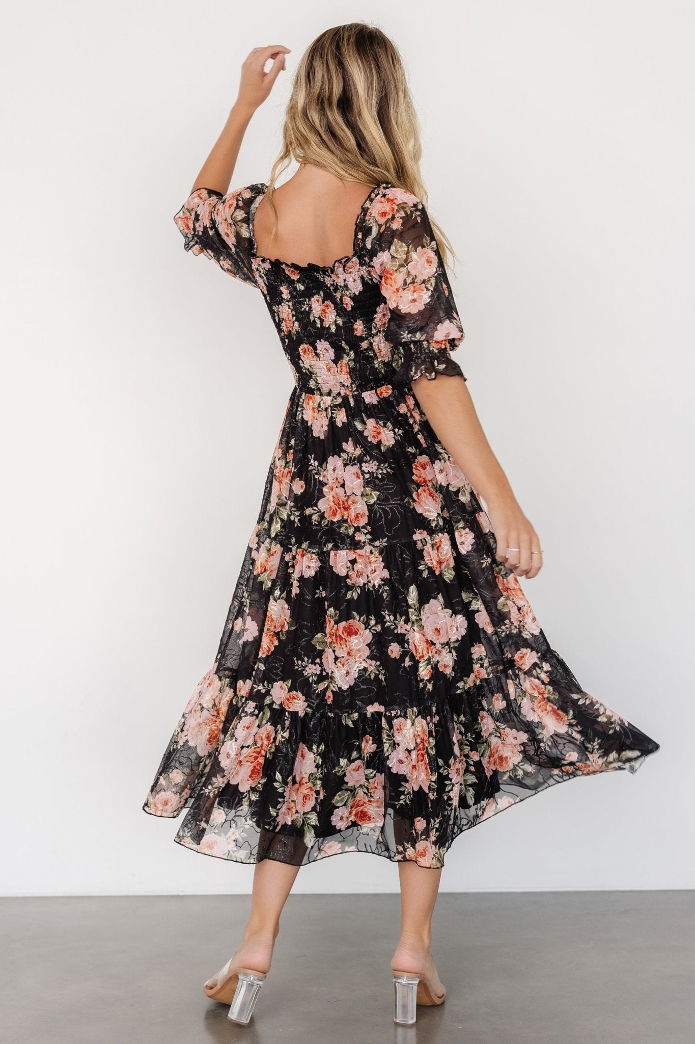 Fabian Jacquard Midi Dress | Peach + Black Floral - Baltic Born