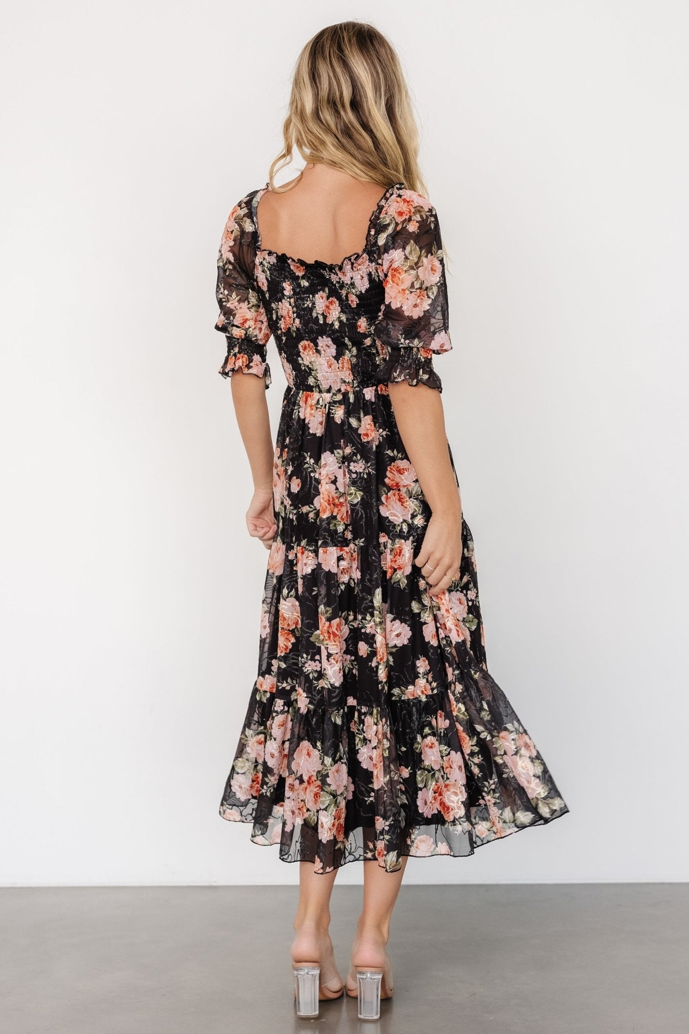 Fabian Jacquard Midi Dress | Peach + Black Floral - Baltic Born