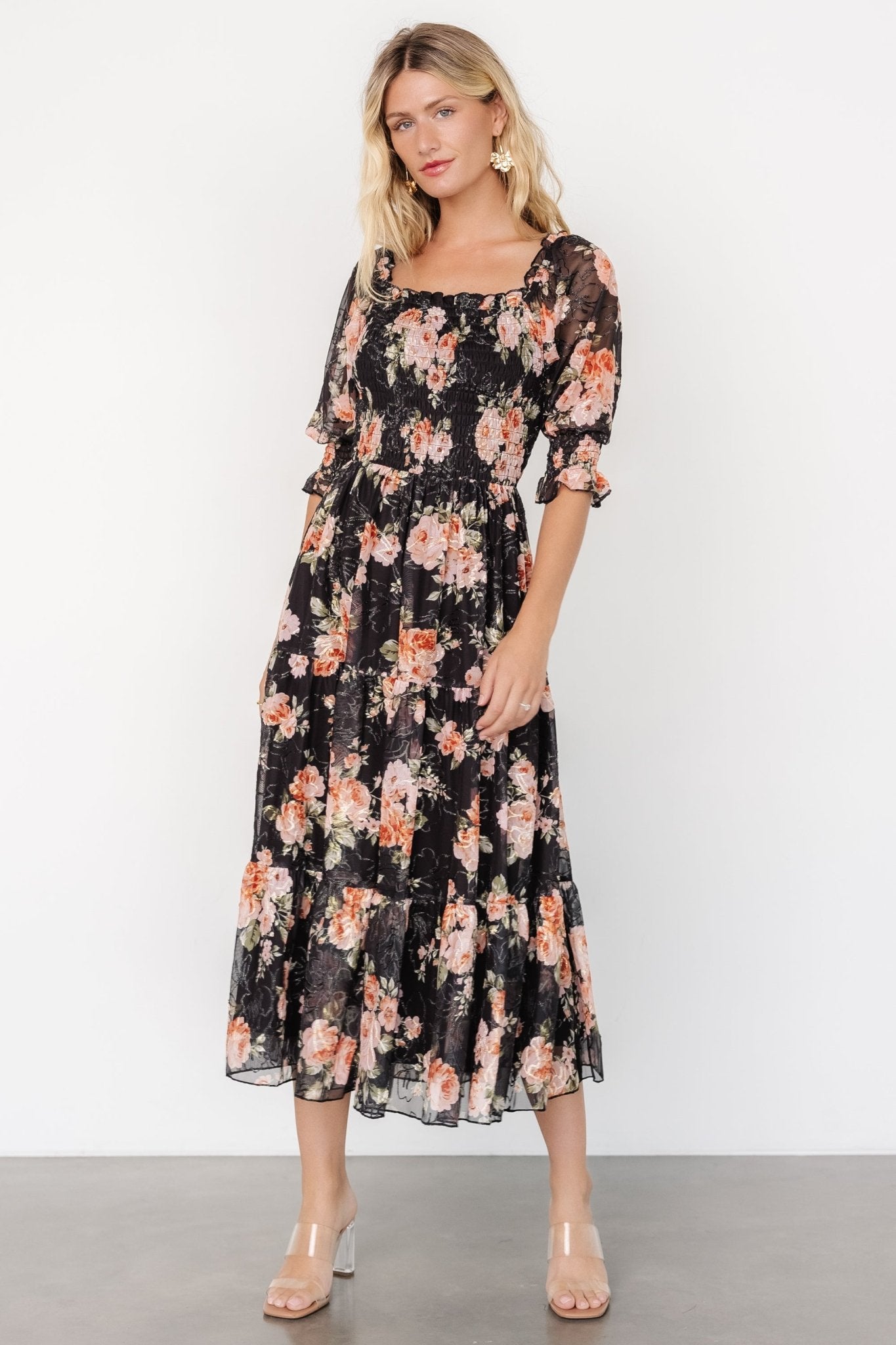 Fabian Jacquard Midi Dress | Peach + Black Floral - Baltic Born