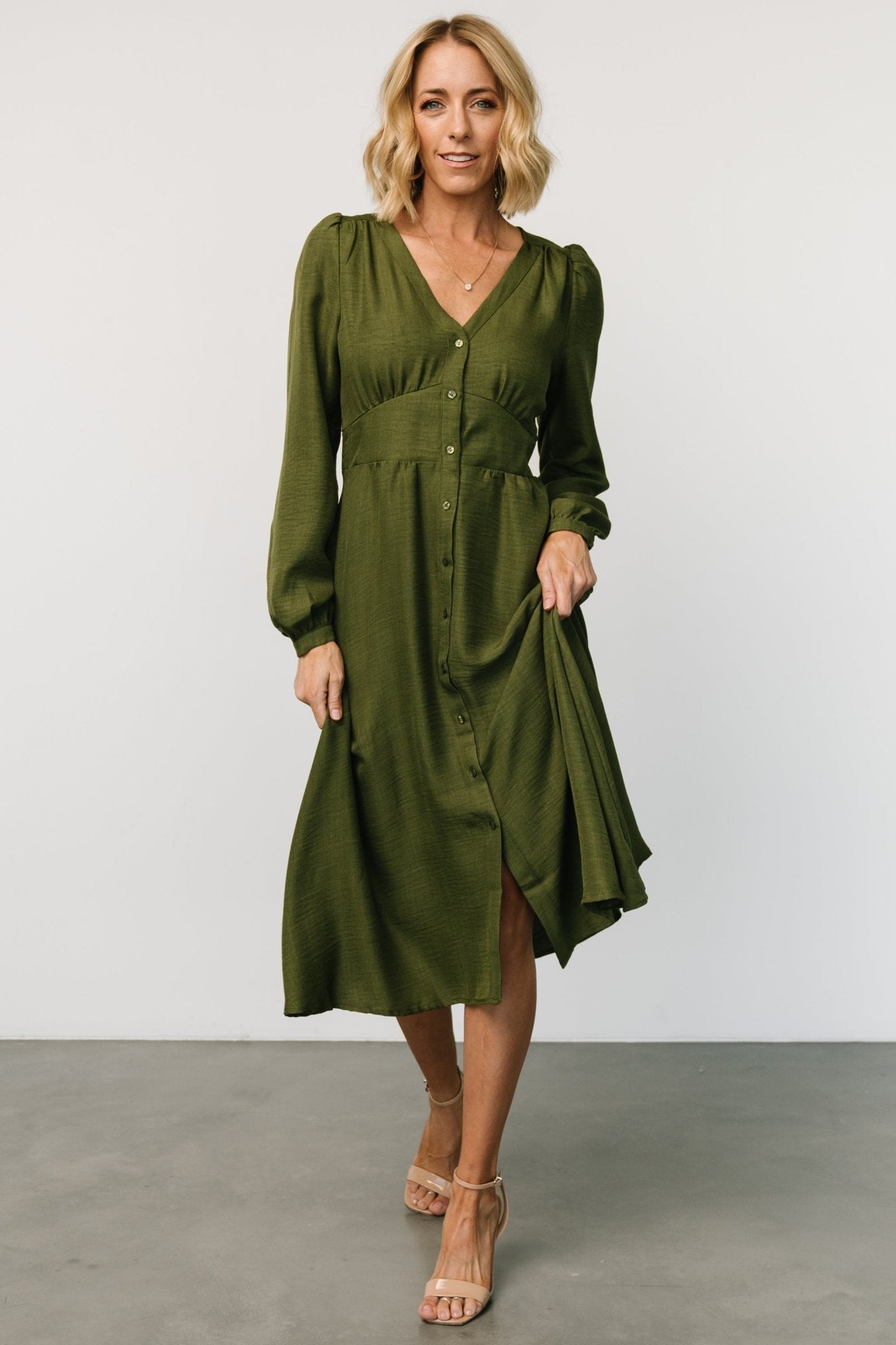 Faith Button Midi Dress | Olive - Baltic Born