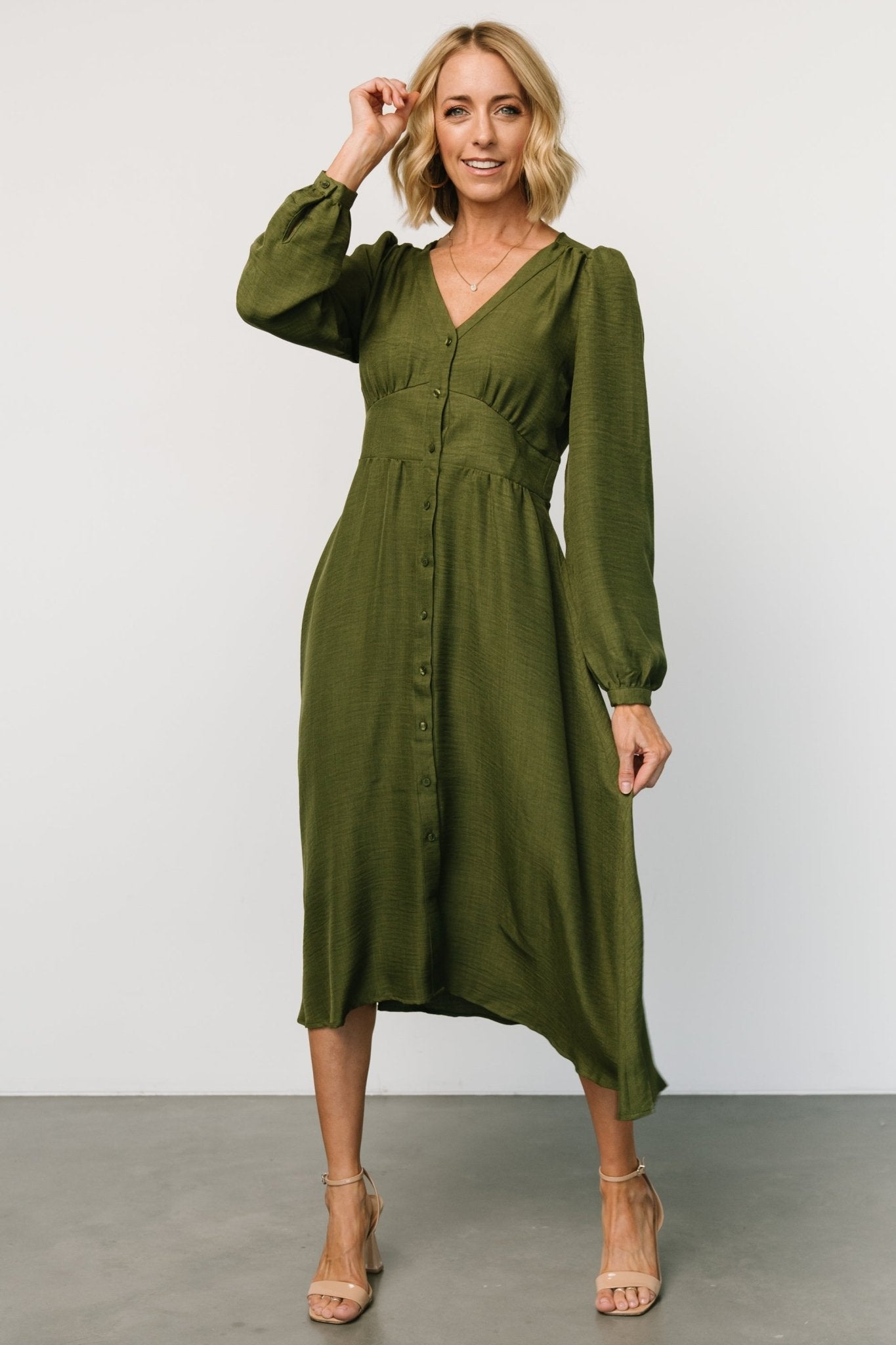 Faith Button Midi Dress | Olive - Baltic Born