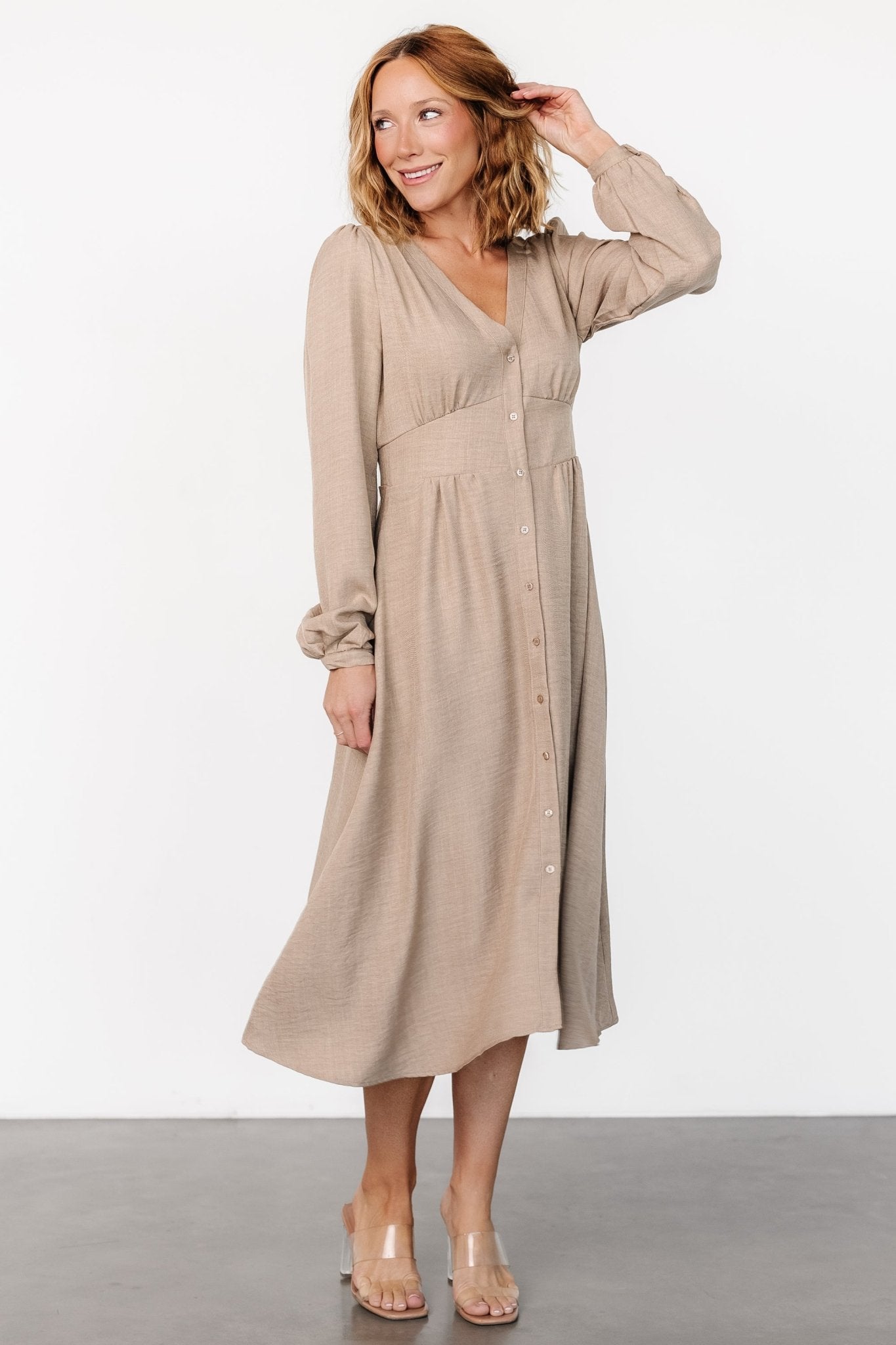 Faith Button Midi Dress | Taupe - Baltic Born