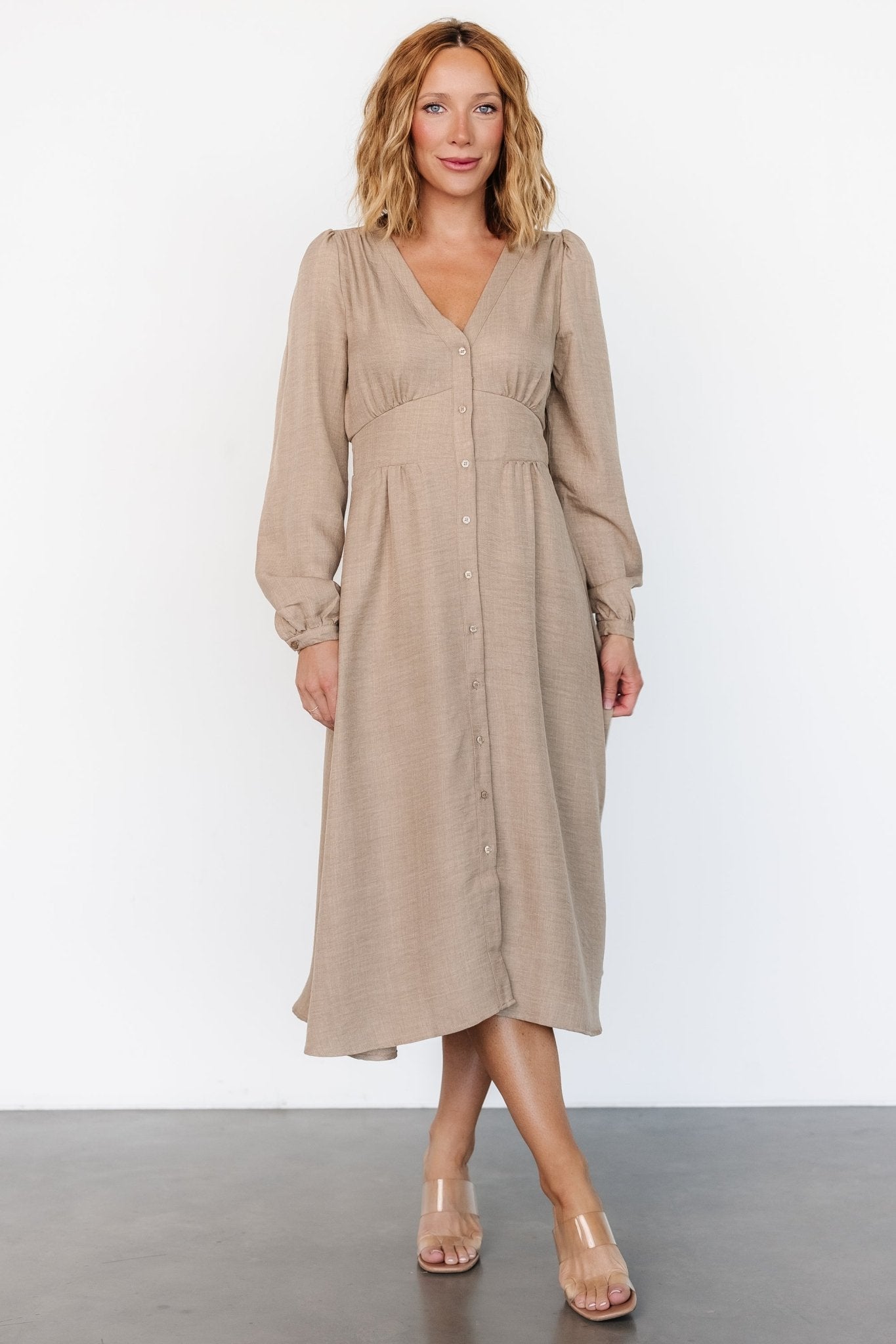 Faith Button Midi Dress | Taupe - Baltic Born