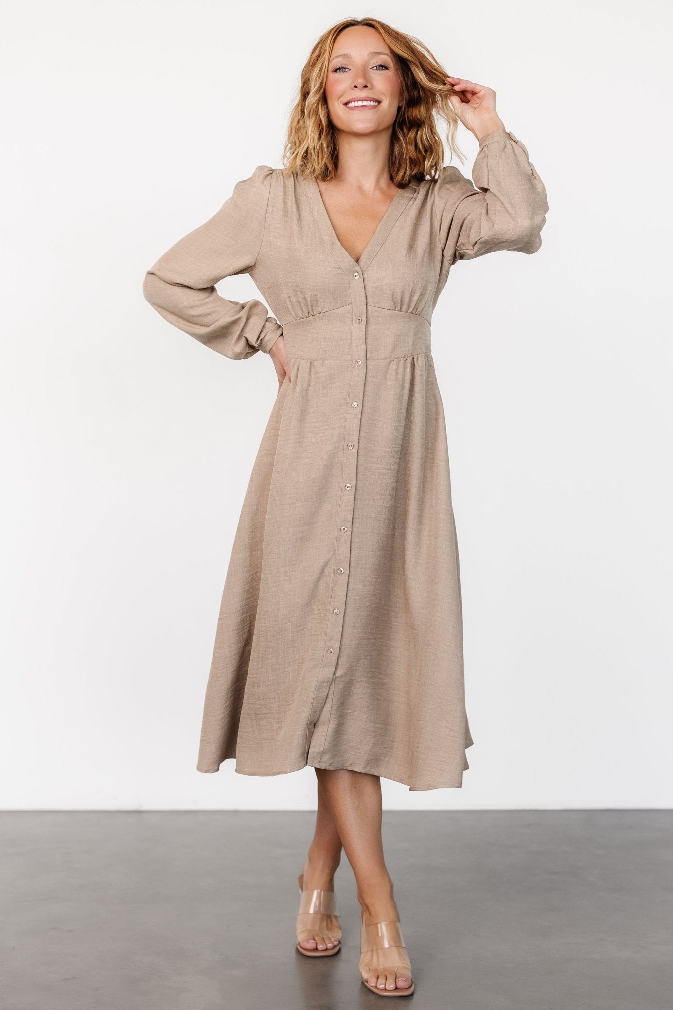 Faith Button Midi Dress | Taupe - Baltic Born