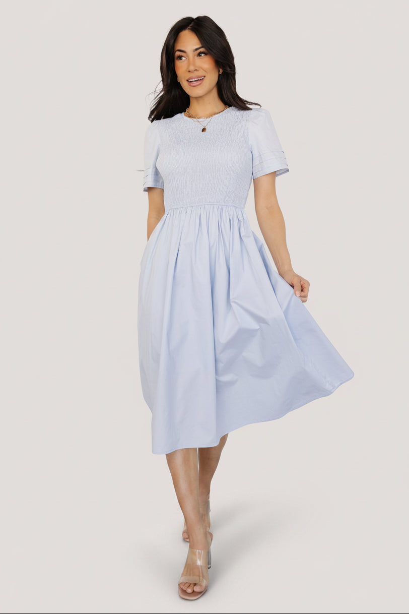 Farrah Smocked Midi Dress | Light Blue