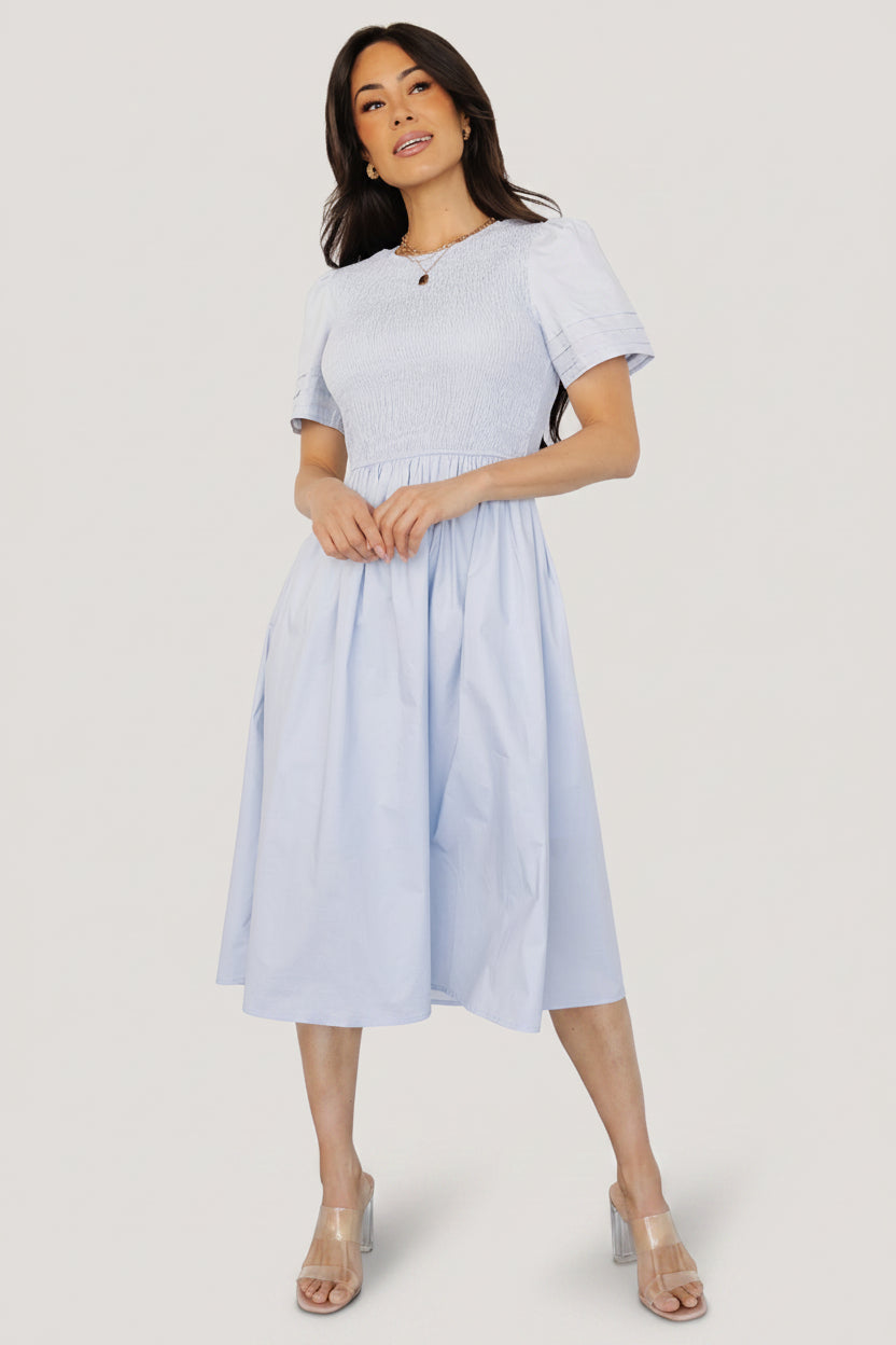Farrah Smocked Midi Dress | Light Blue
