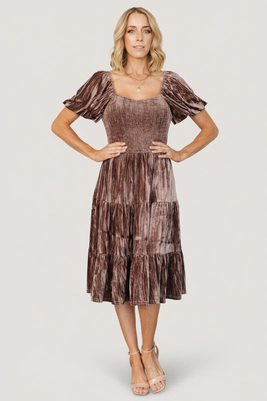 brown balloon sleeve dress Fay Velvet Dress - Dusty Cocoa Smocked Tier