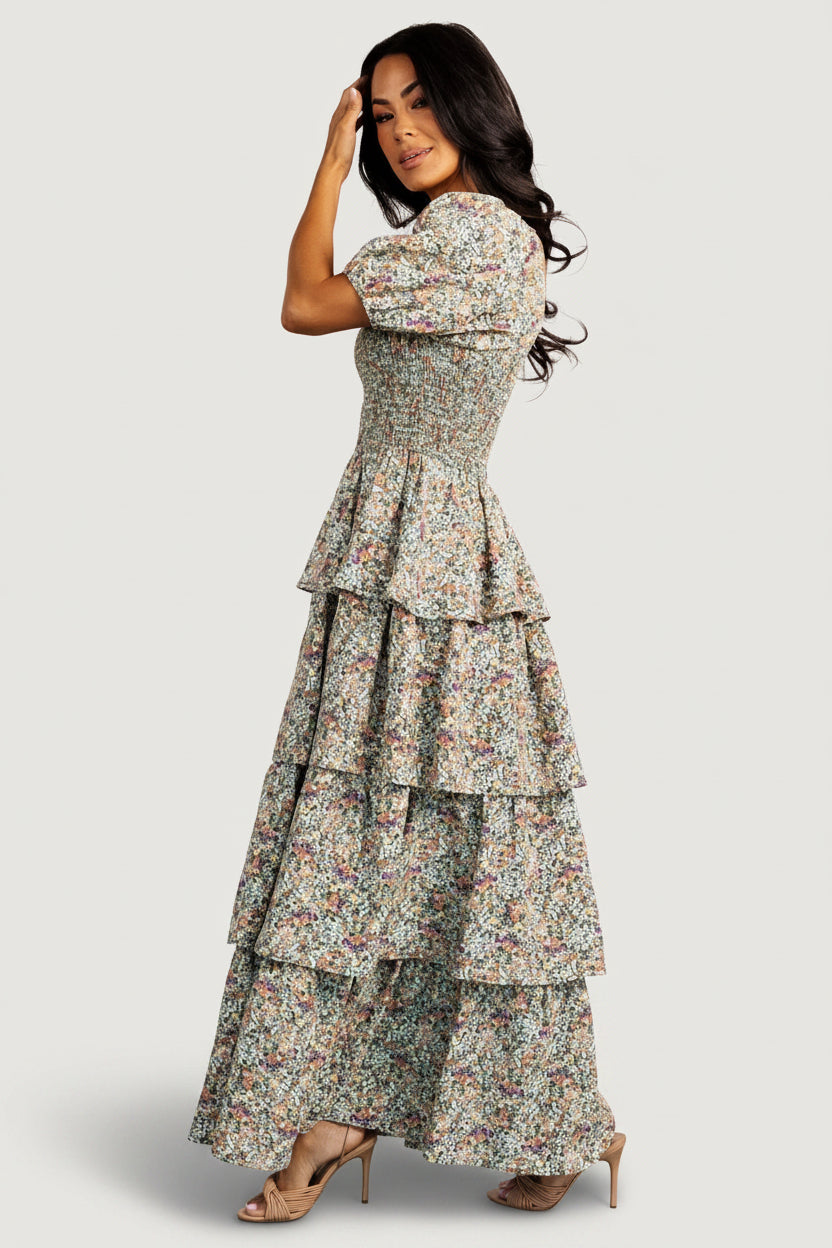 Felicia Tiered Maxi Dress | Green Multi