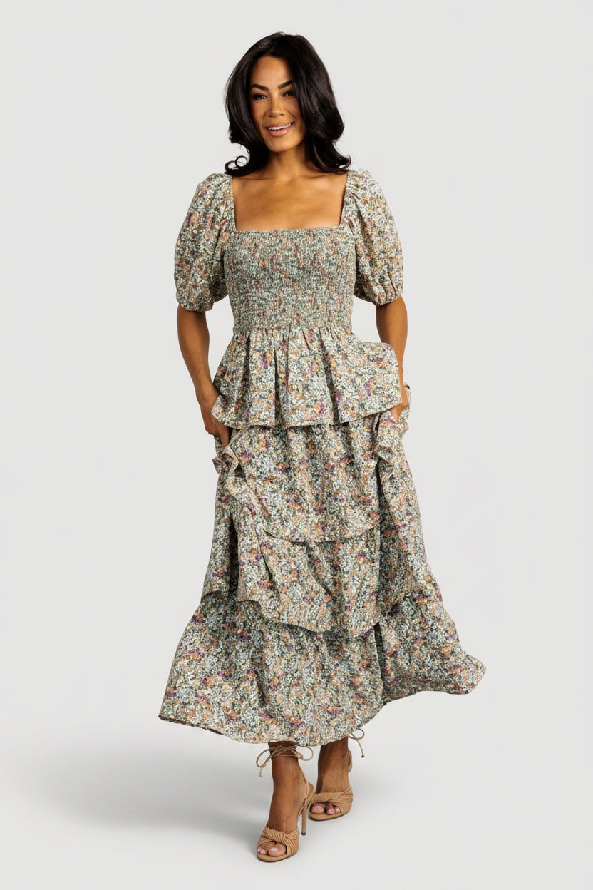 Felicia Tiered Maxi Dress | Green Multi