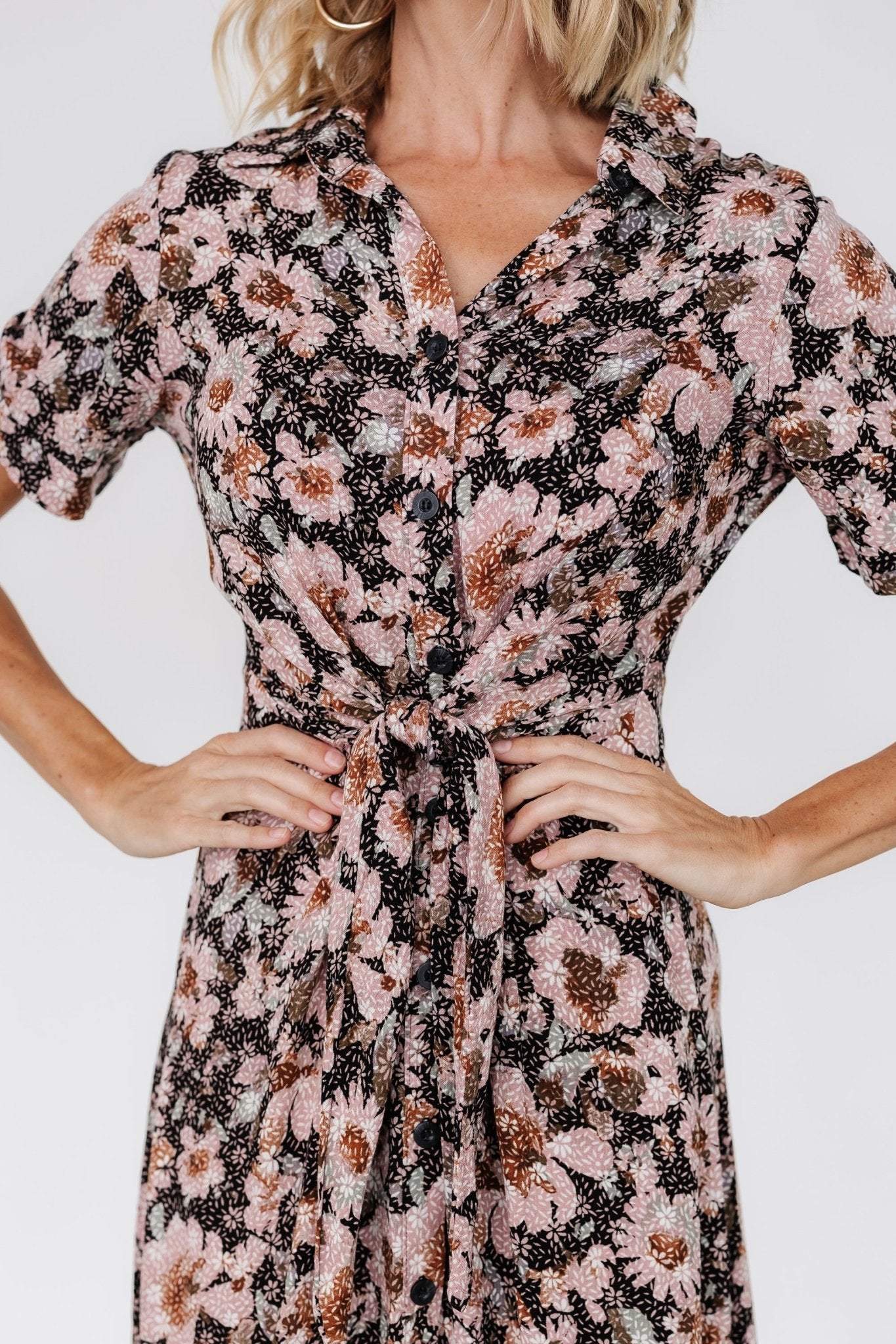 Feya Button Midi Dress | Black + Mauve Floral - Baltic Born