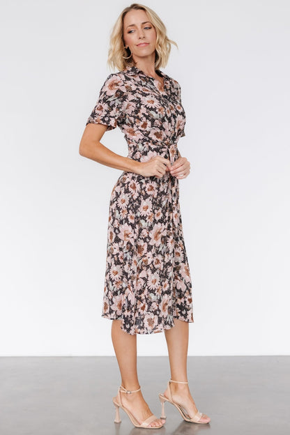 Feya Button Midi Dress | Black + Mauve Floral - Baltic Born