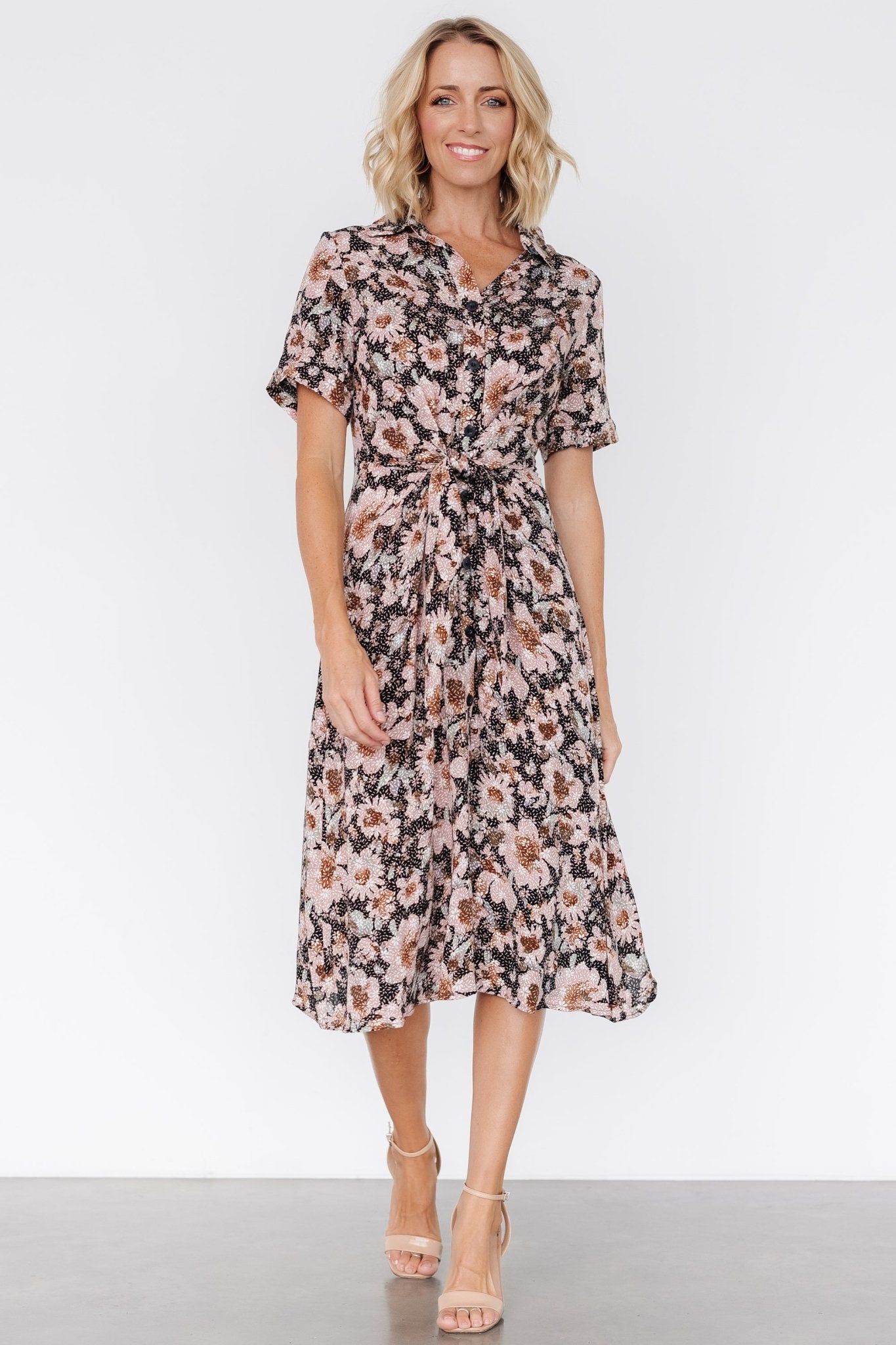 Feya Button Midi Dress | Black + Mauve Floral - Baltic Born