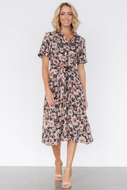 Feya Button Midi Dress | Black + Mauve Floral - Baltic Born