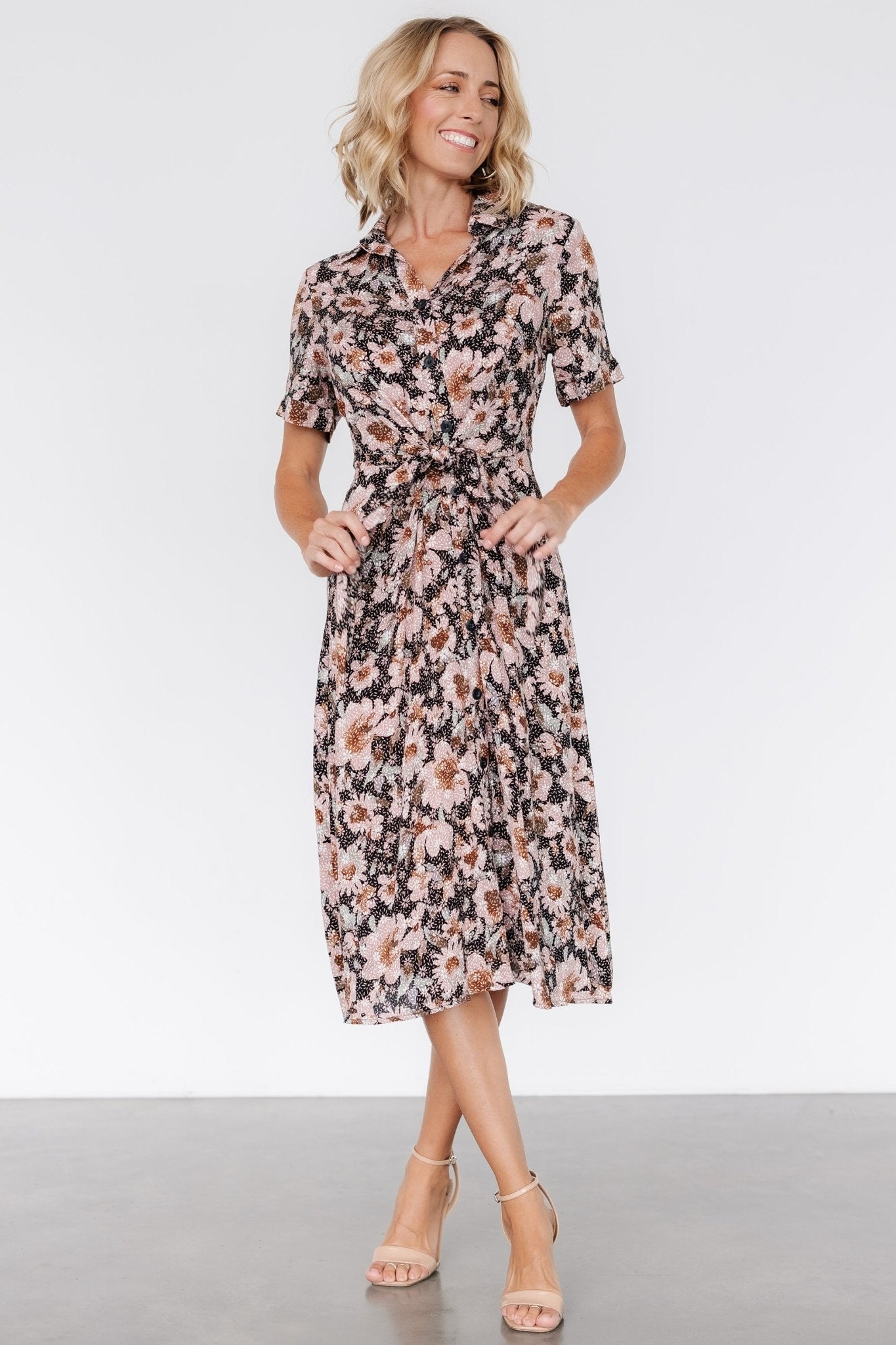 Feya Button Midi Dress | Black + Mauve Floral - Baltic Born