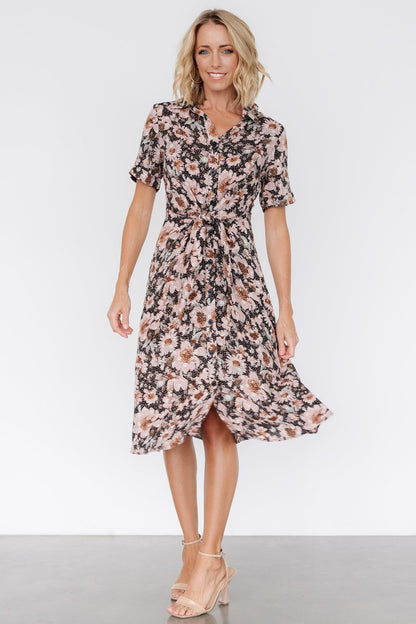 Feya Button Midi Dress | Black + Mauve Floral - Baltic Born