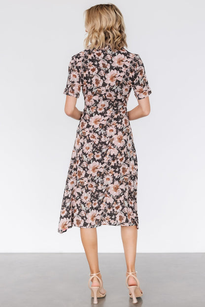 Feya Button Midi Dress | Black + Mauve Floral - Baltic Born